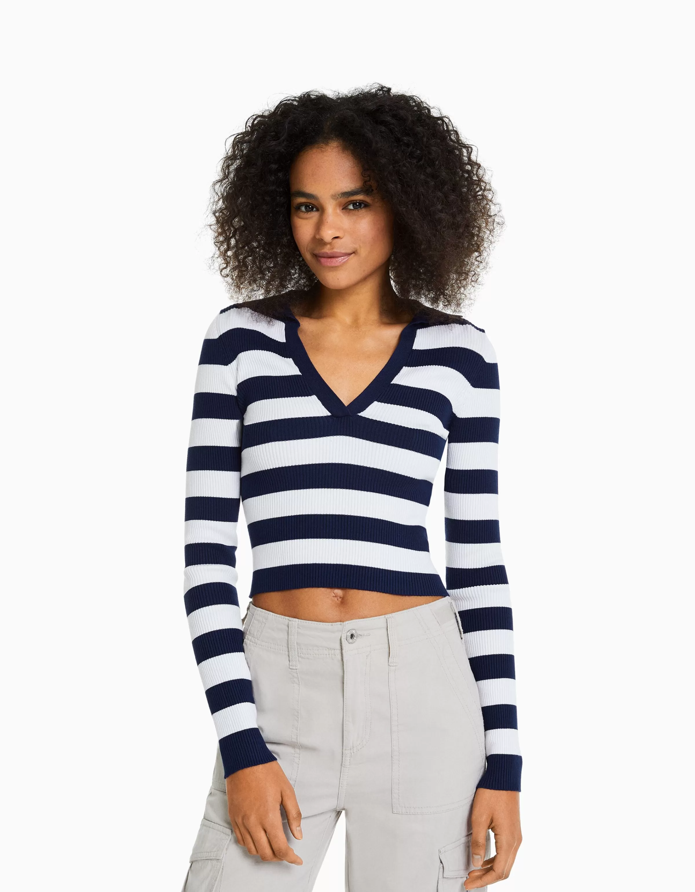 BERSHKA Maille*Pull rayé col polo bord-côte Blanc