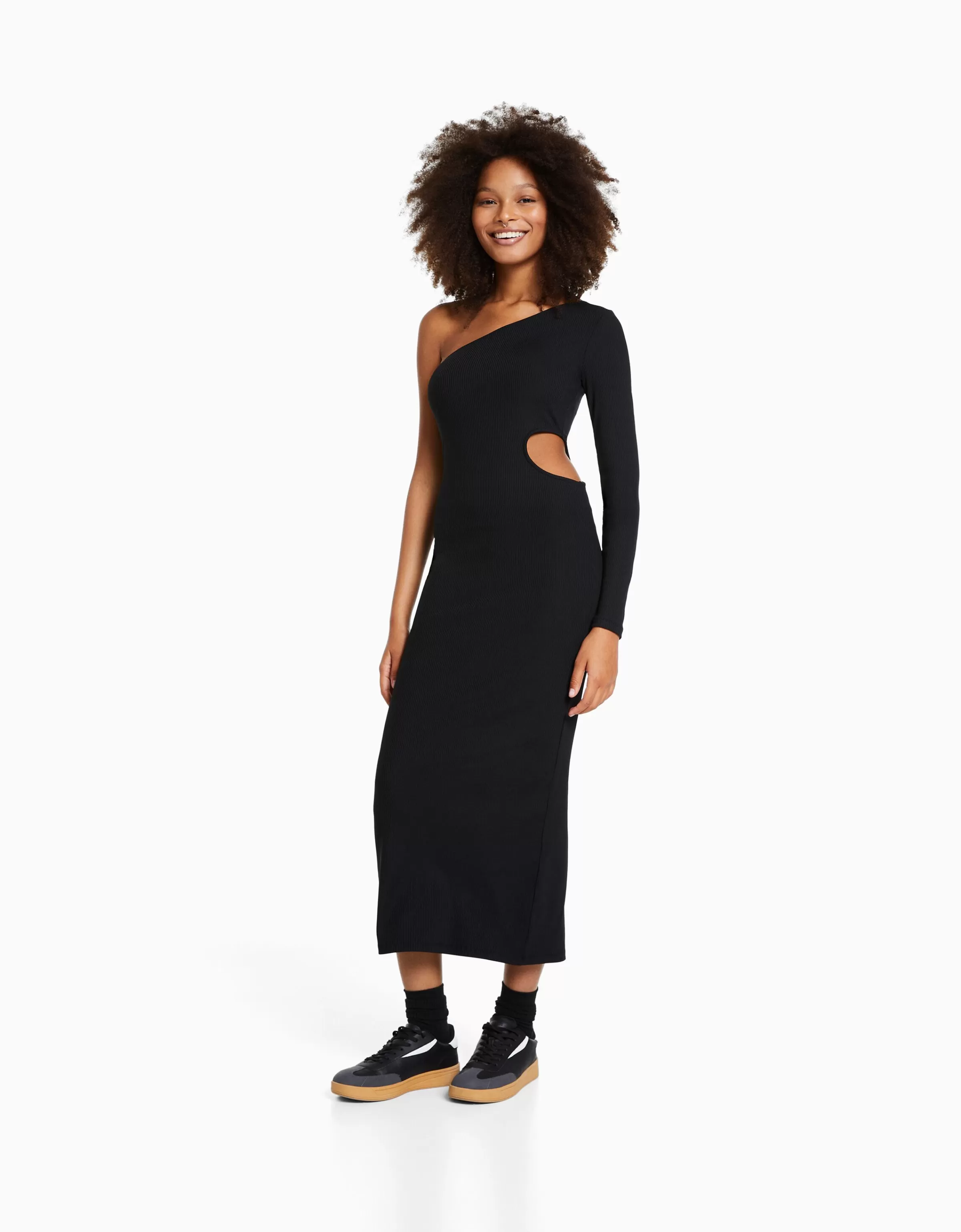 BERSHKA Vêtements*Robe longue asymétrique manches longues cut out Noir