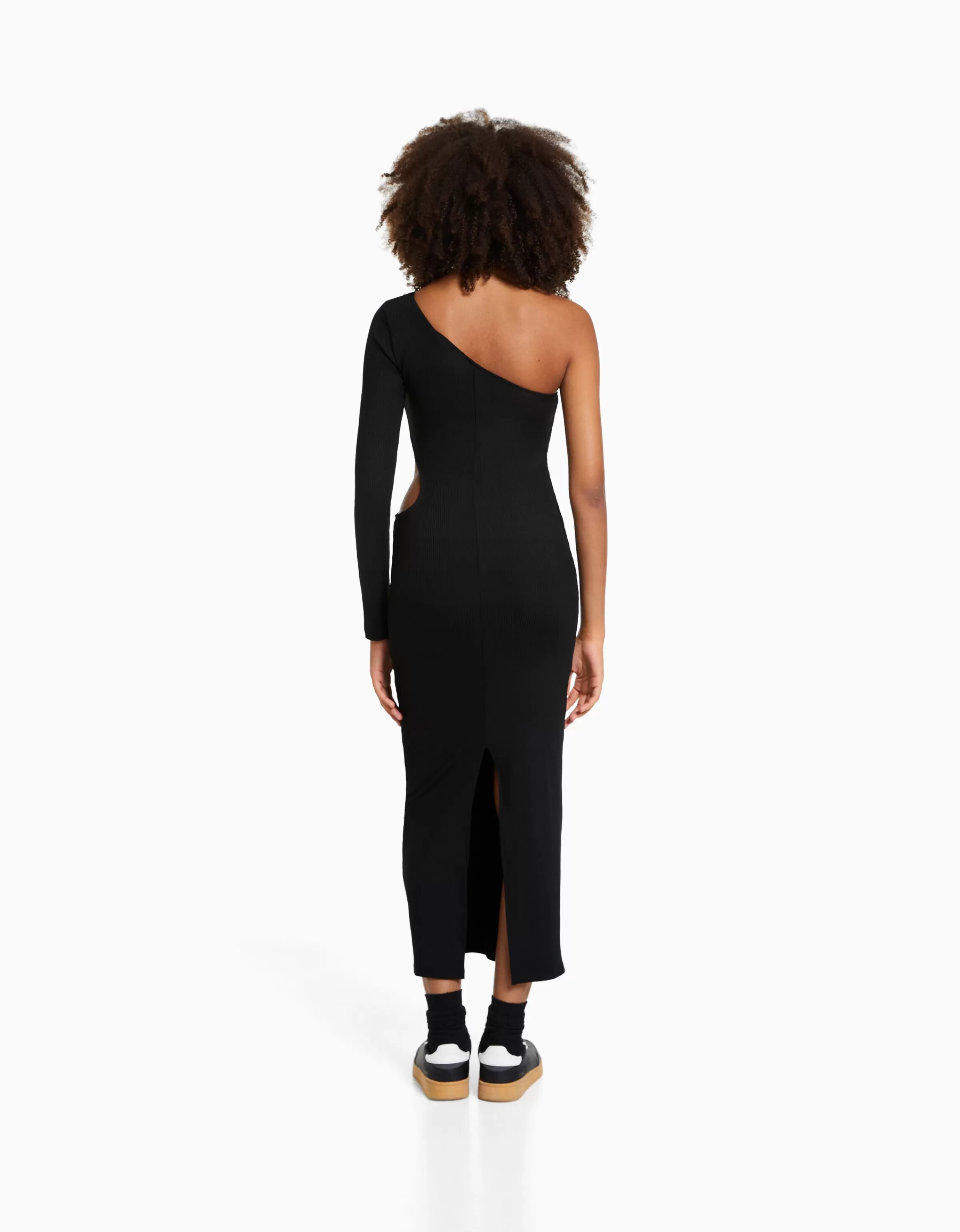 BERSHKA Vêtements*Robe longue asymétrique manches longues cut out Noir