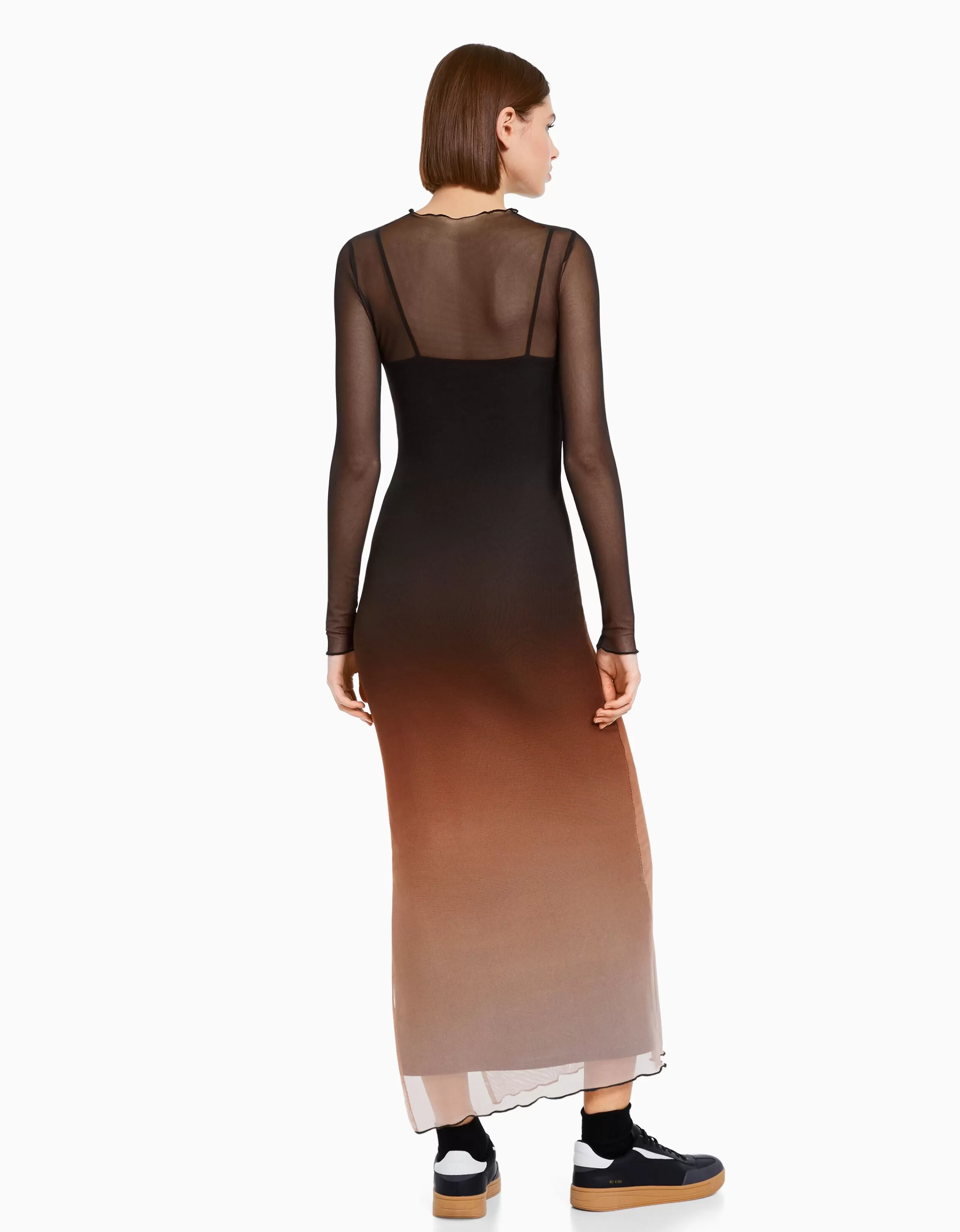 BERSHKA Robes*Robe longue manches longues tulle imprimé Noir