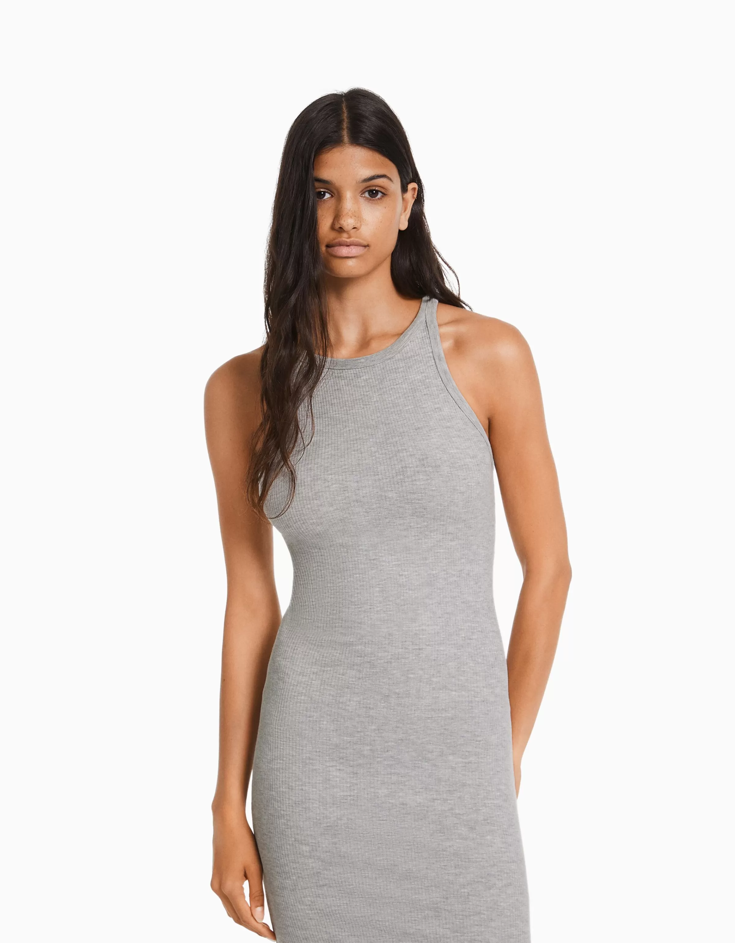 BERSHKA Vêtements*Robe midi bord-côte Gris