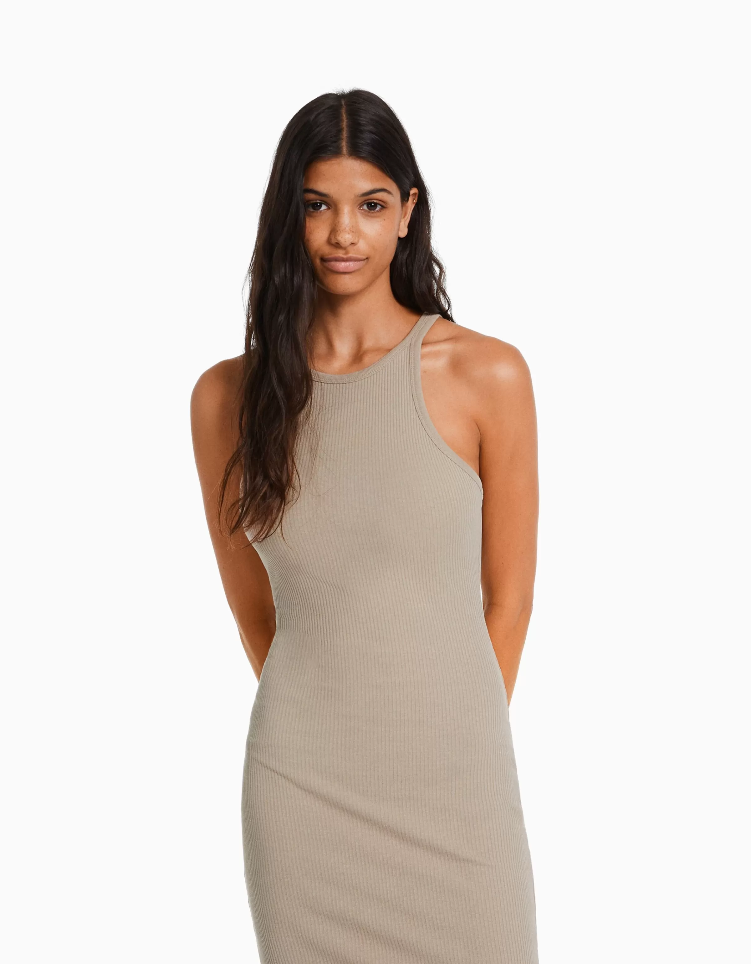 BERSHKA Vêtements*Robe midi bord-côte Gris