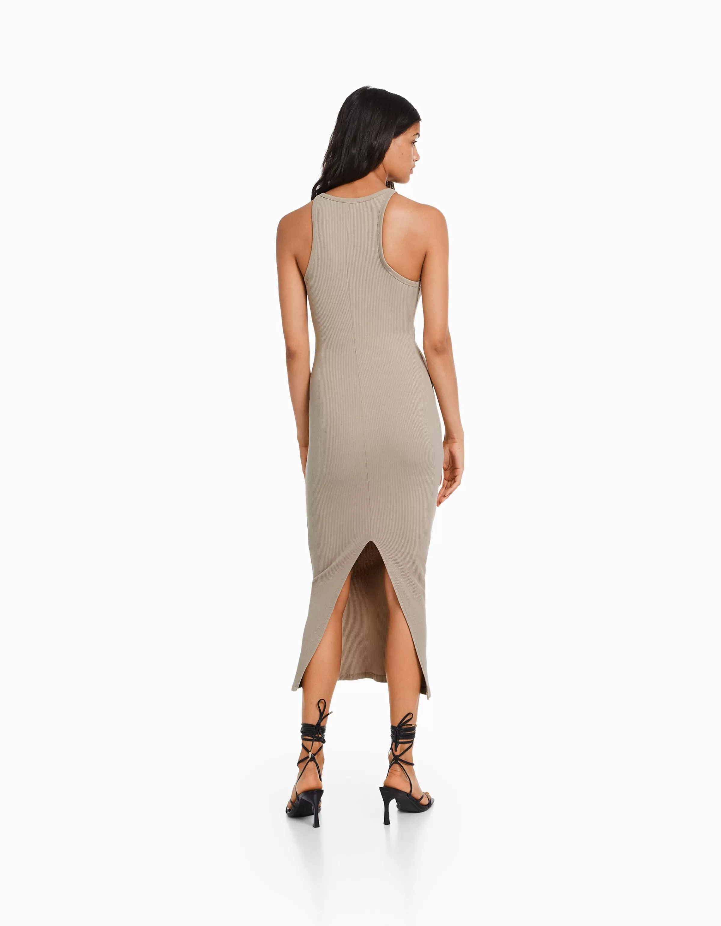 BERSHKA Vêtements*Robe midi bord-côte Gris