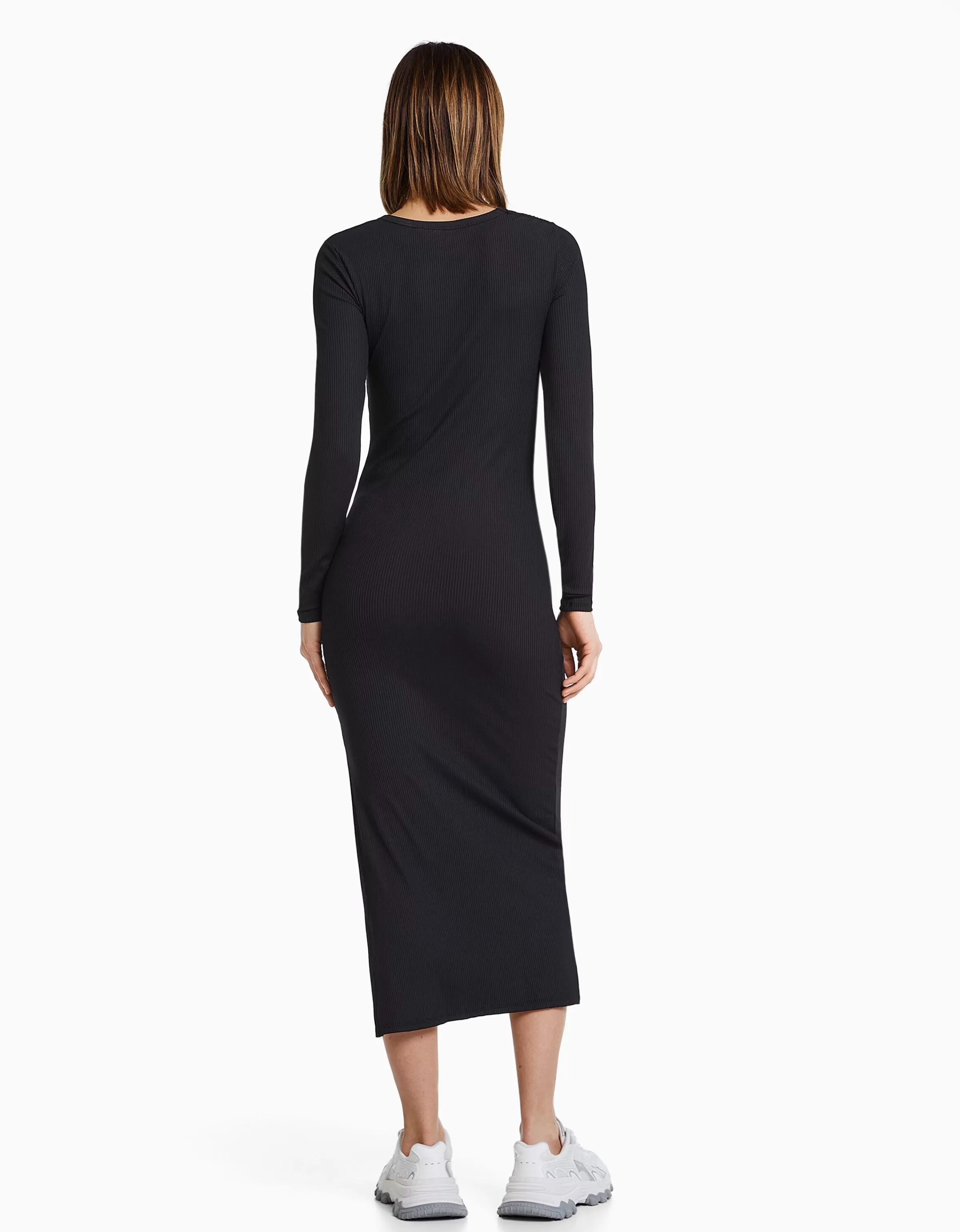 BERSHKA Robes*Robe midi manches longues décolleté asymétrique Noir