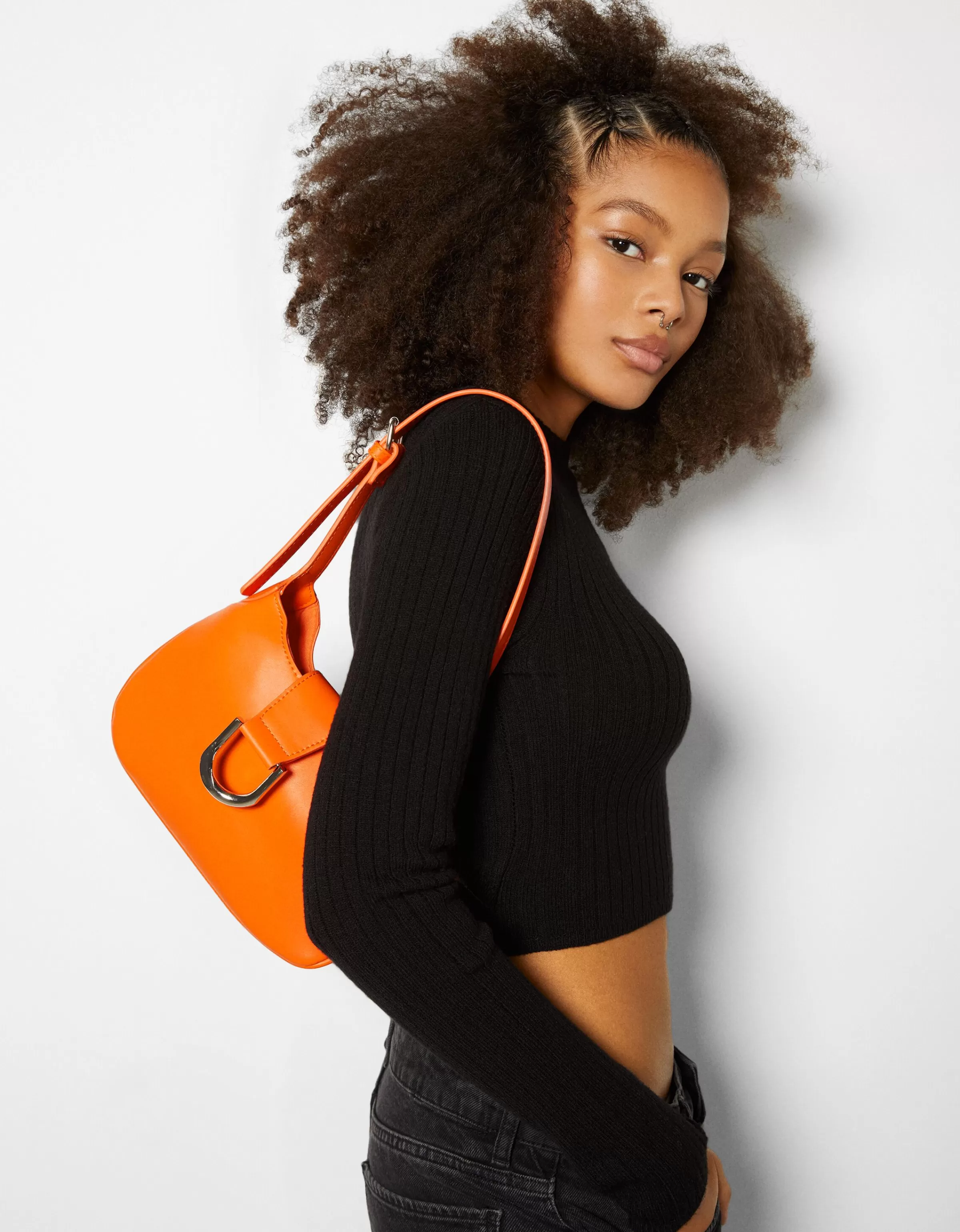 BERSHKA Tout voir*Sac porté épaule boucle effet argent Orange