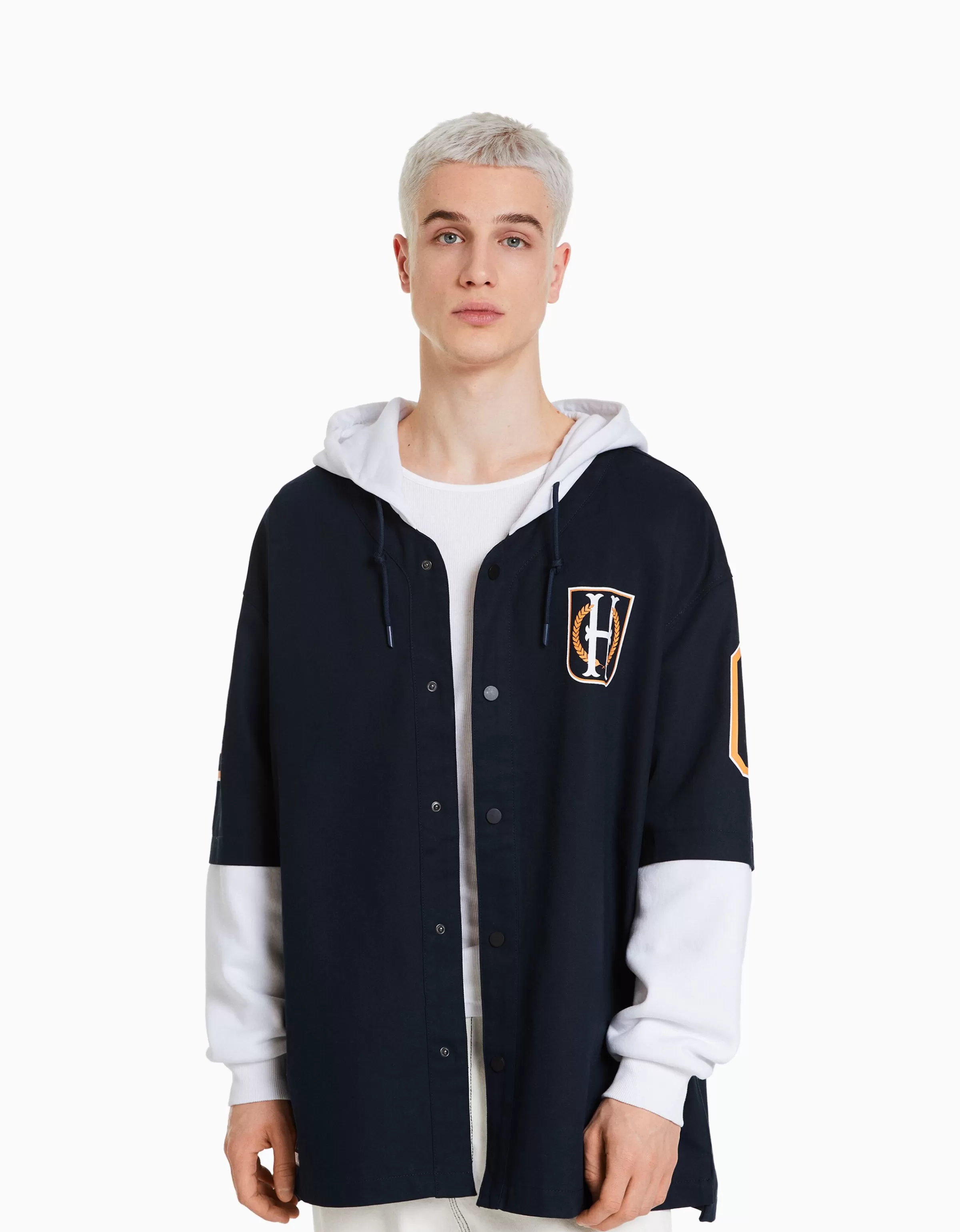 BERSHKA Blousons et manteaux*Surchemise manches longues capuche varsity molleton Marine