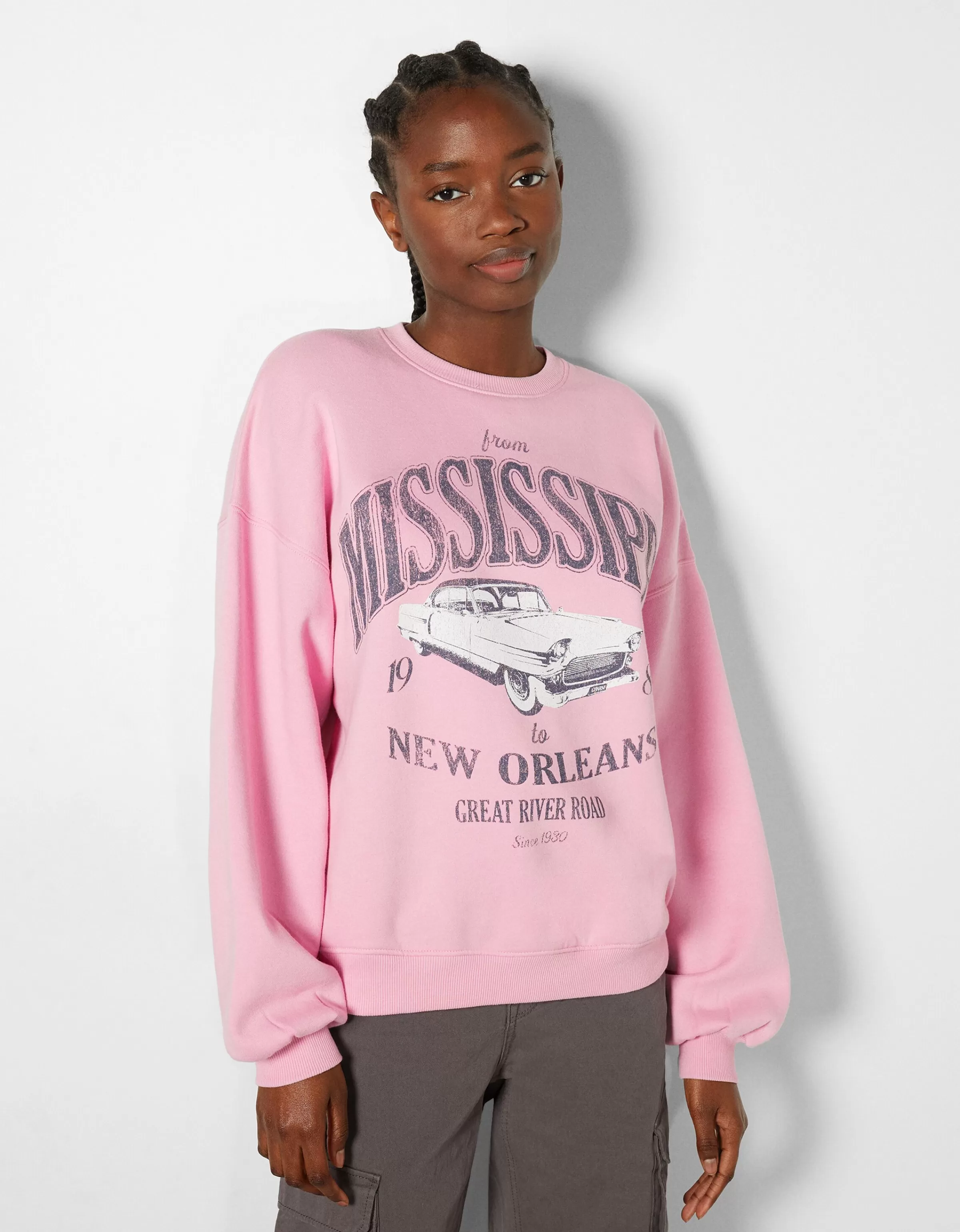 BERSHKA Pulls*Sweat ample imprimé Écru