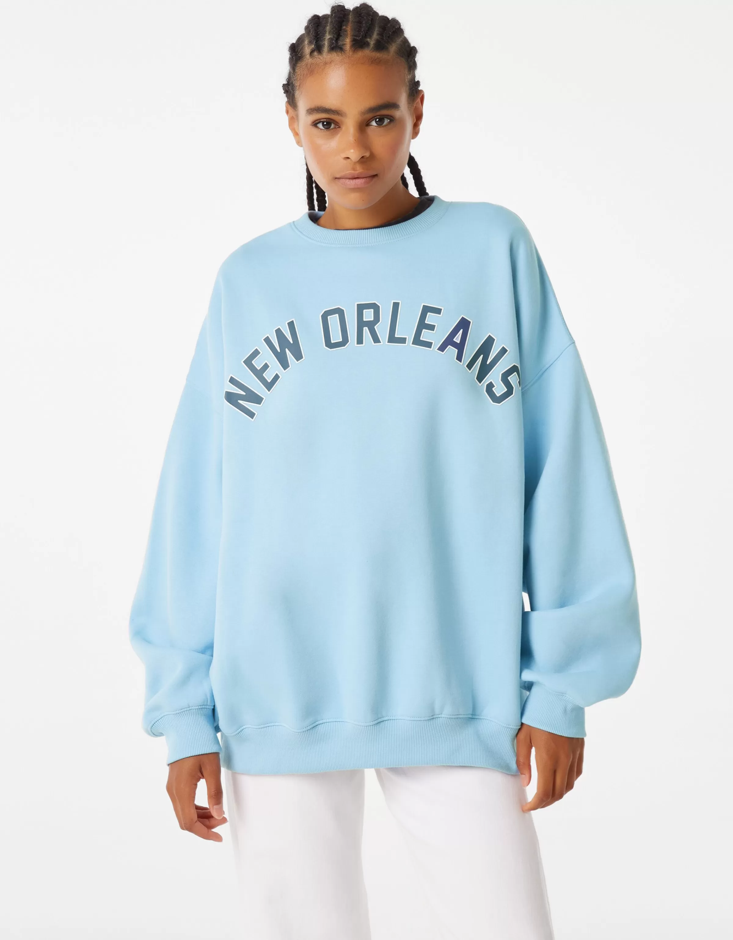 BERSHKA Pulls*Sweat ample imprimé Bleu clair