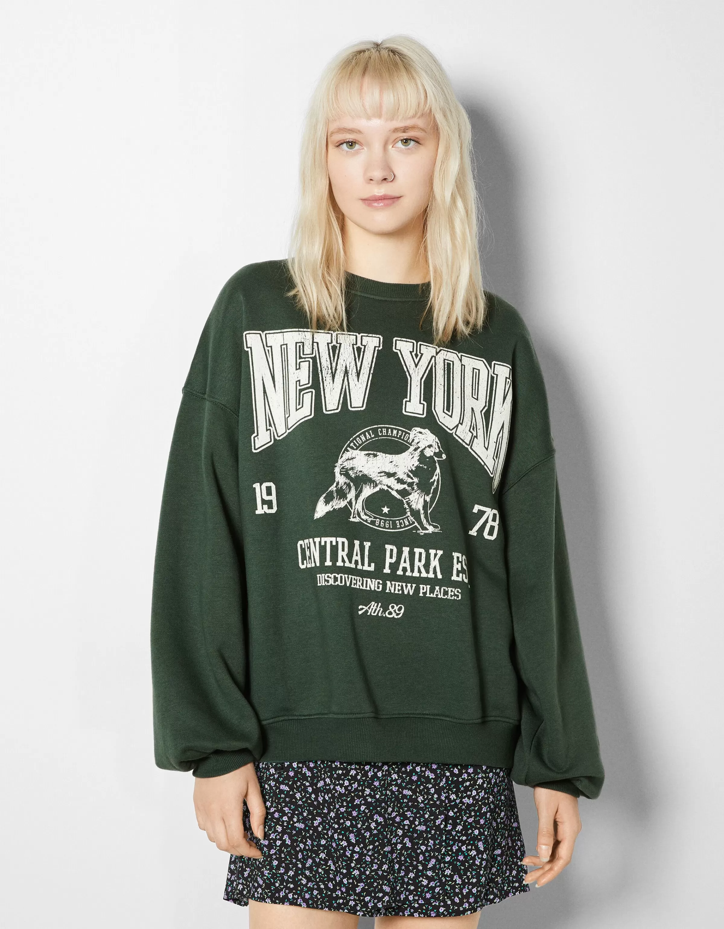 BERSHKA BSK Teen*Sweat ample imprimé Écru