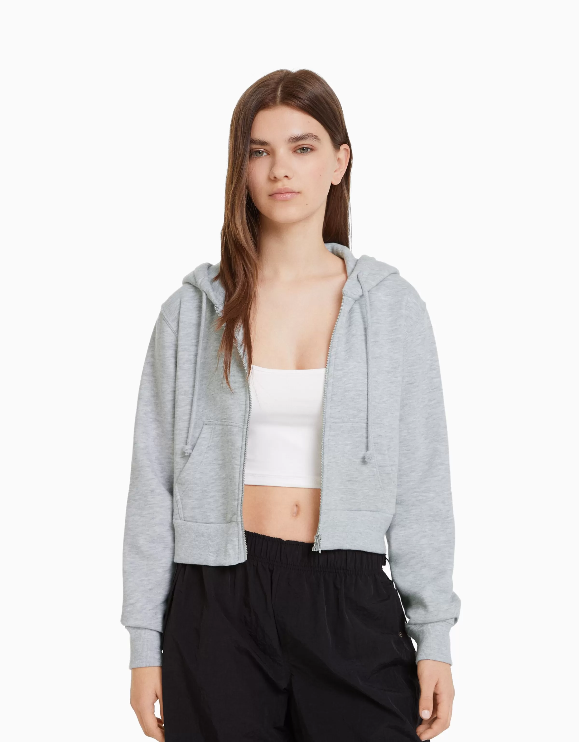 BERSHKA Personnalisables*Sweat capuche cropped fermeture Éclair Gris