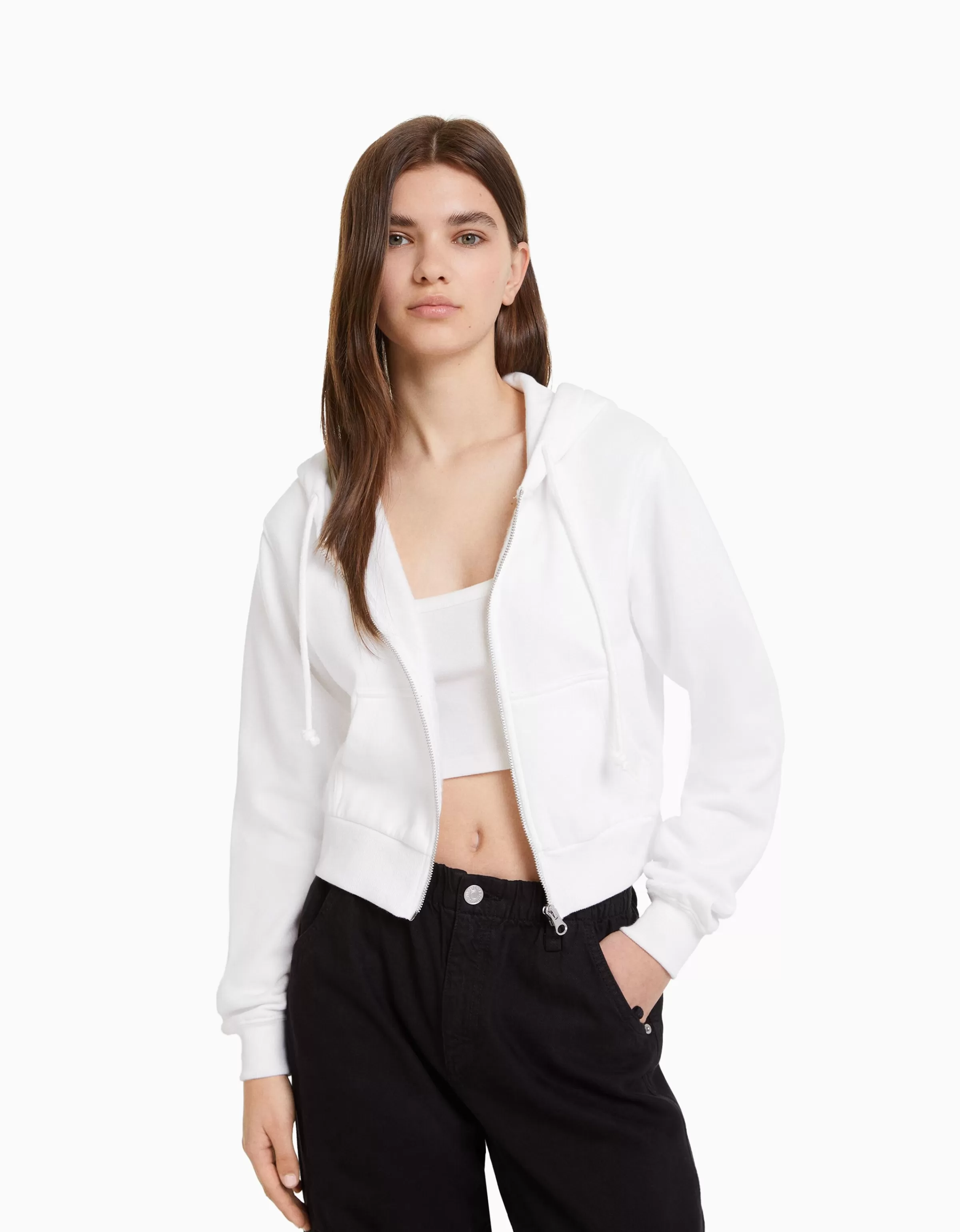 BERSHKA Survêtement*Sweat capuche cropped fermeture Éclair Blanc