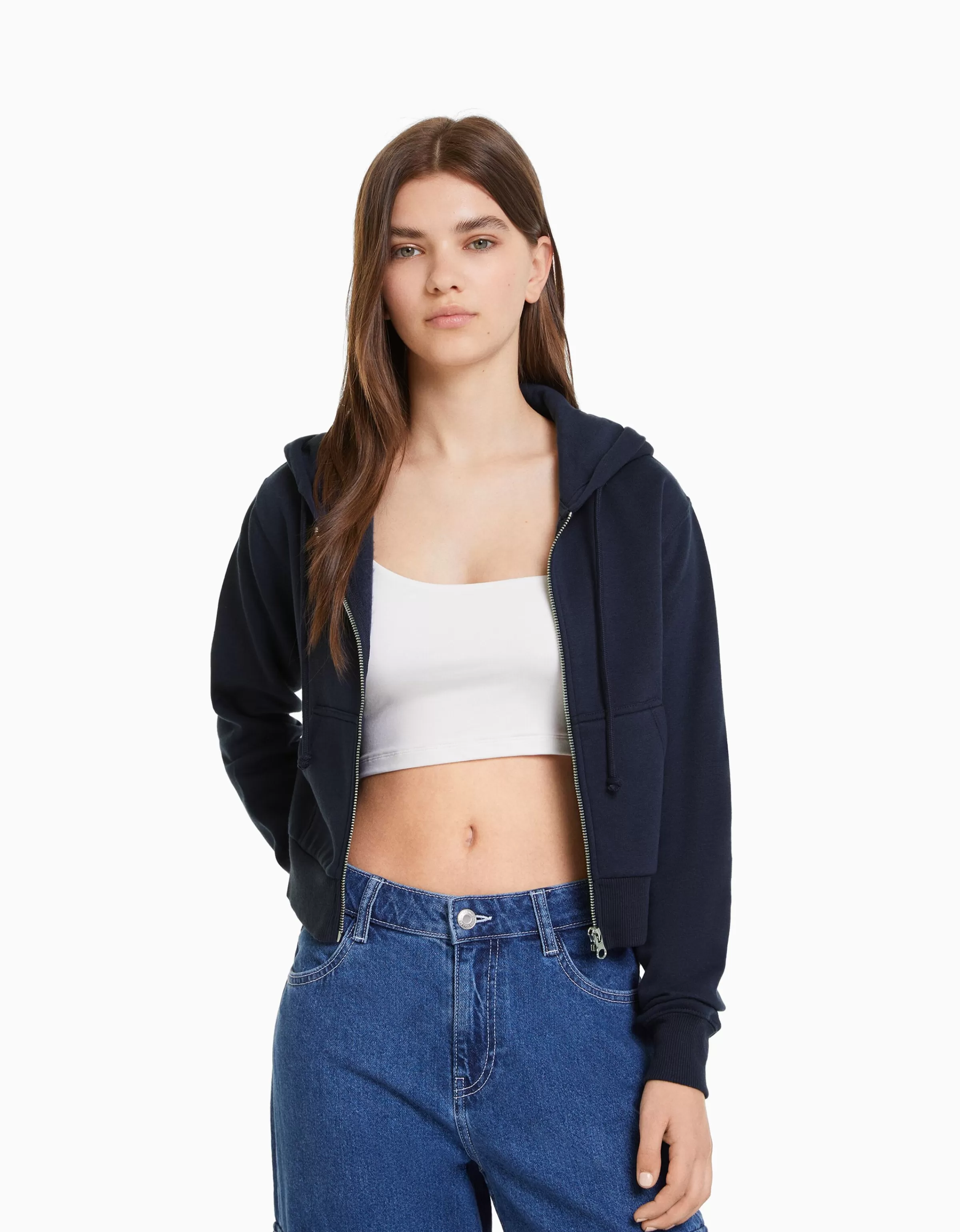 BERSHKA Survêtement*Sweat capuche cropped fermeture Éclair Marine