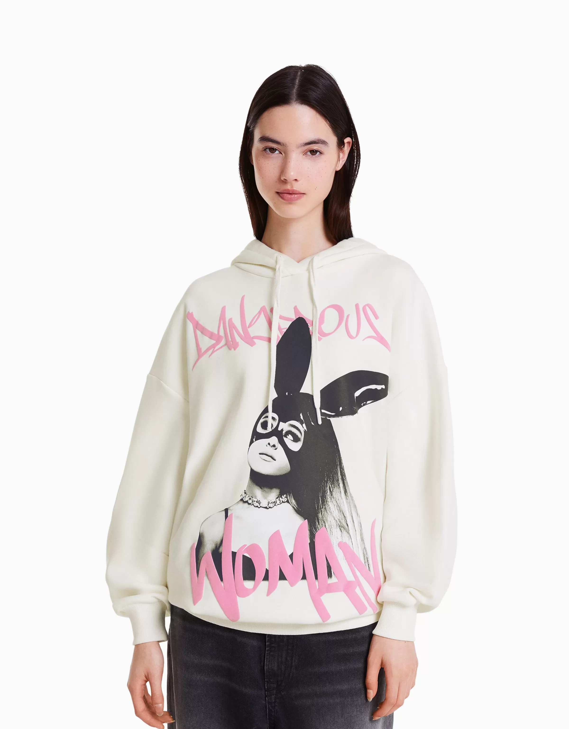 BERSHKA Sweats*Sweat capuche imprimé Ariana Grande Blanc cassé