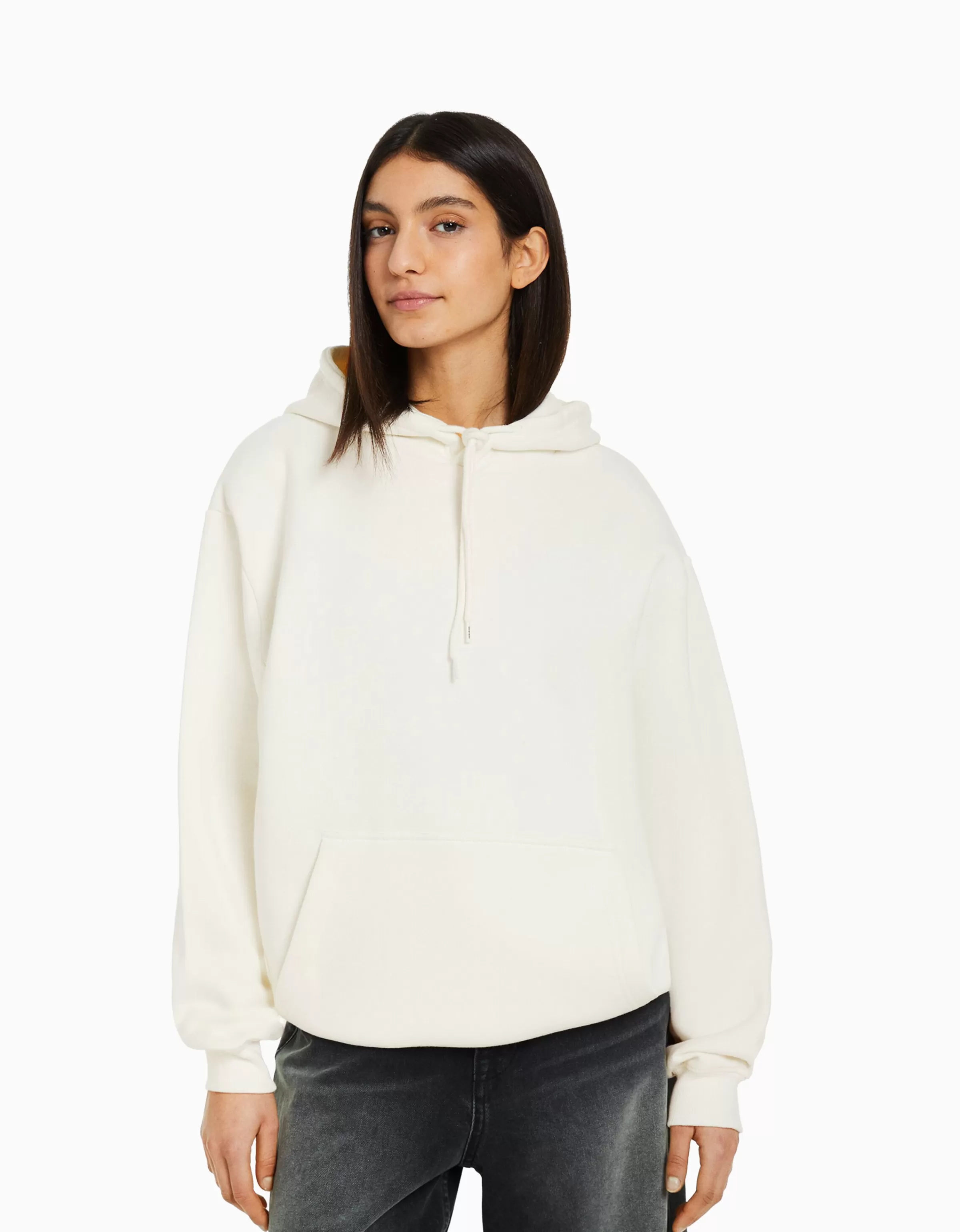 BERSHKA Personnalisables*Sweat capuche oversize Blanc cassé