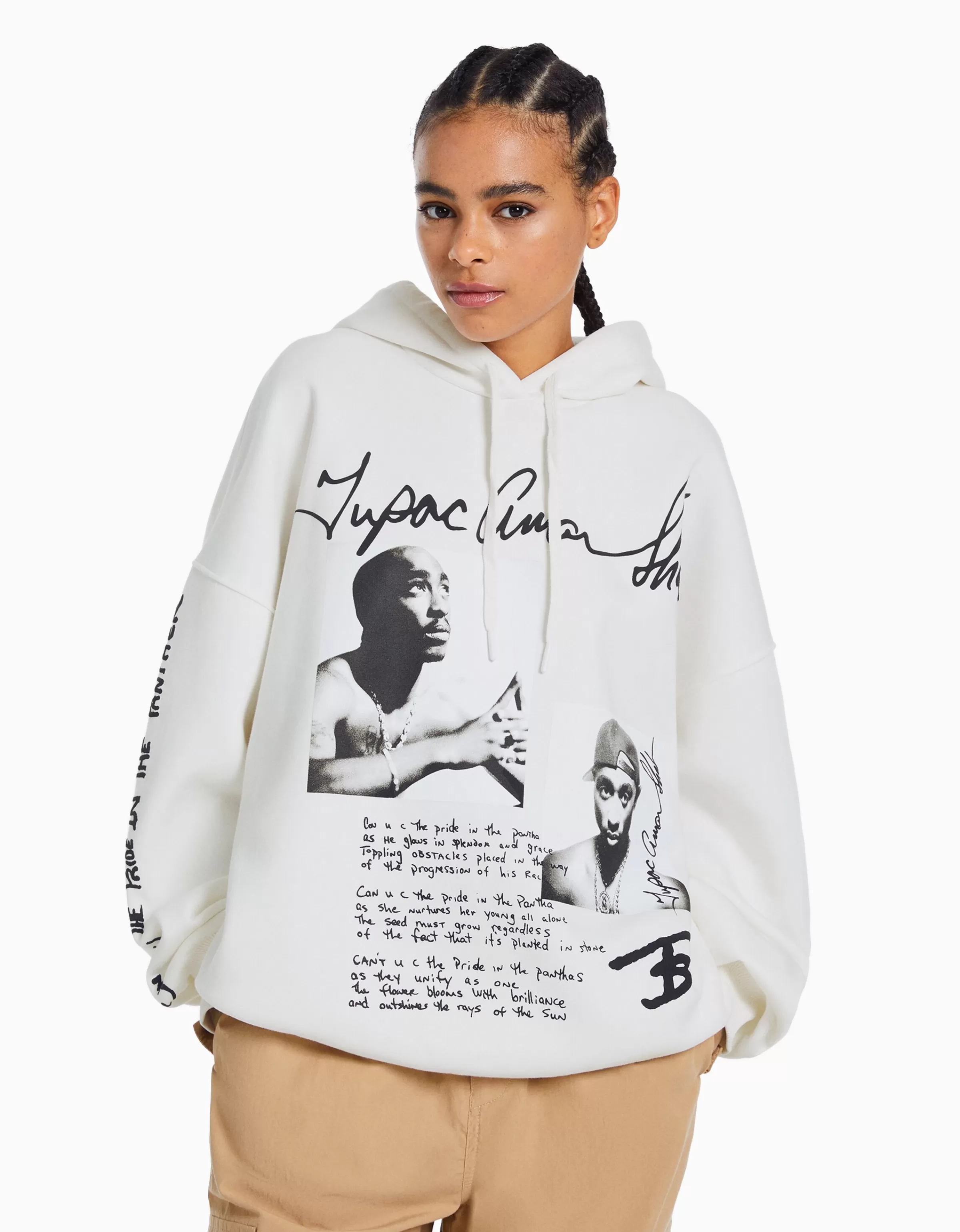 BERSHKA Sweats*Sweat capuche Tupac Blanc cassé