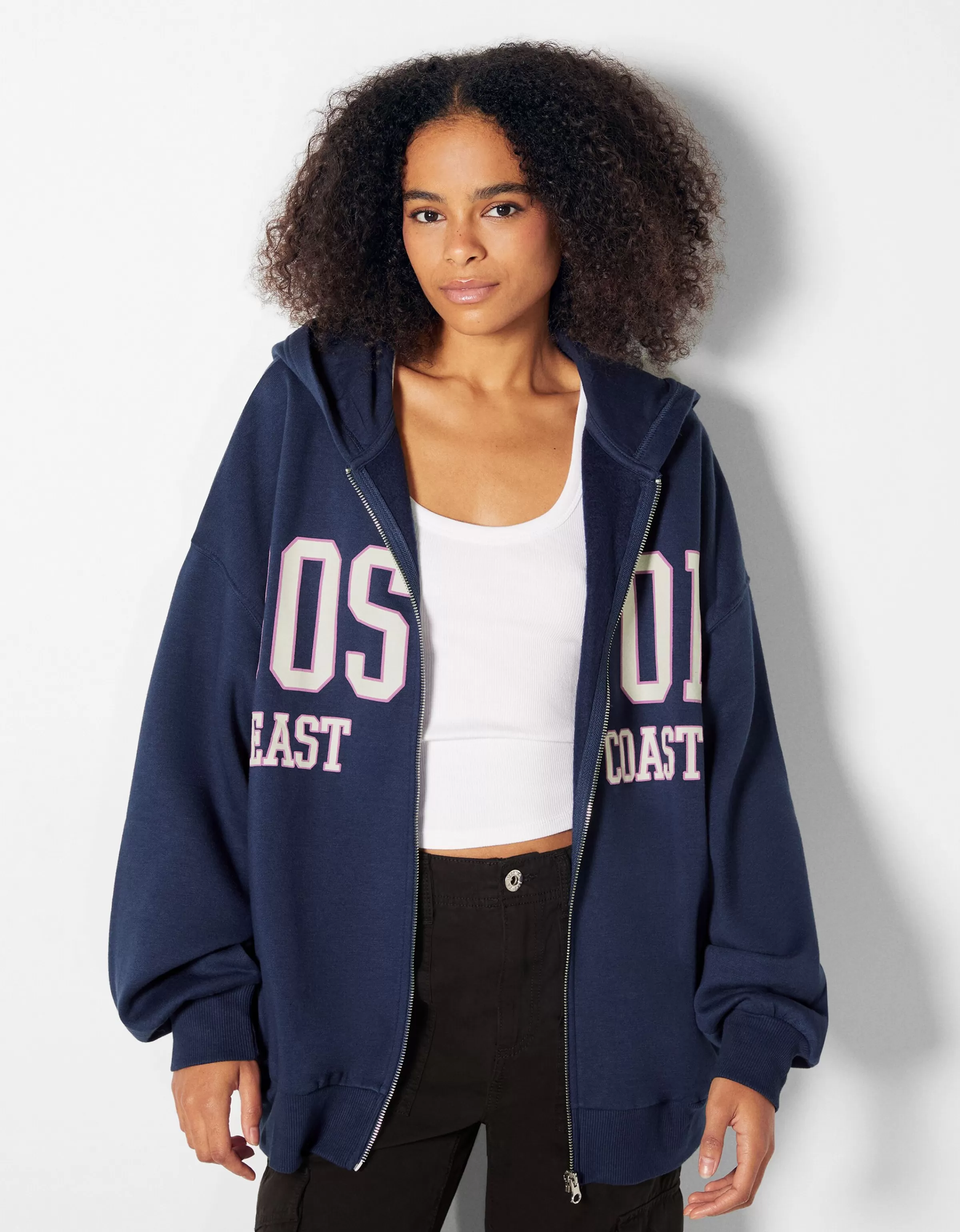 BERSHKA Pulls*Sweat capuche zippé imprimé varsity Marine