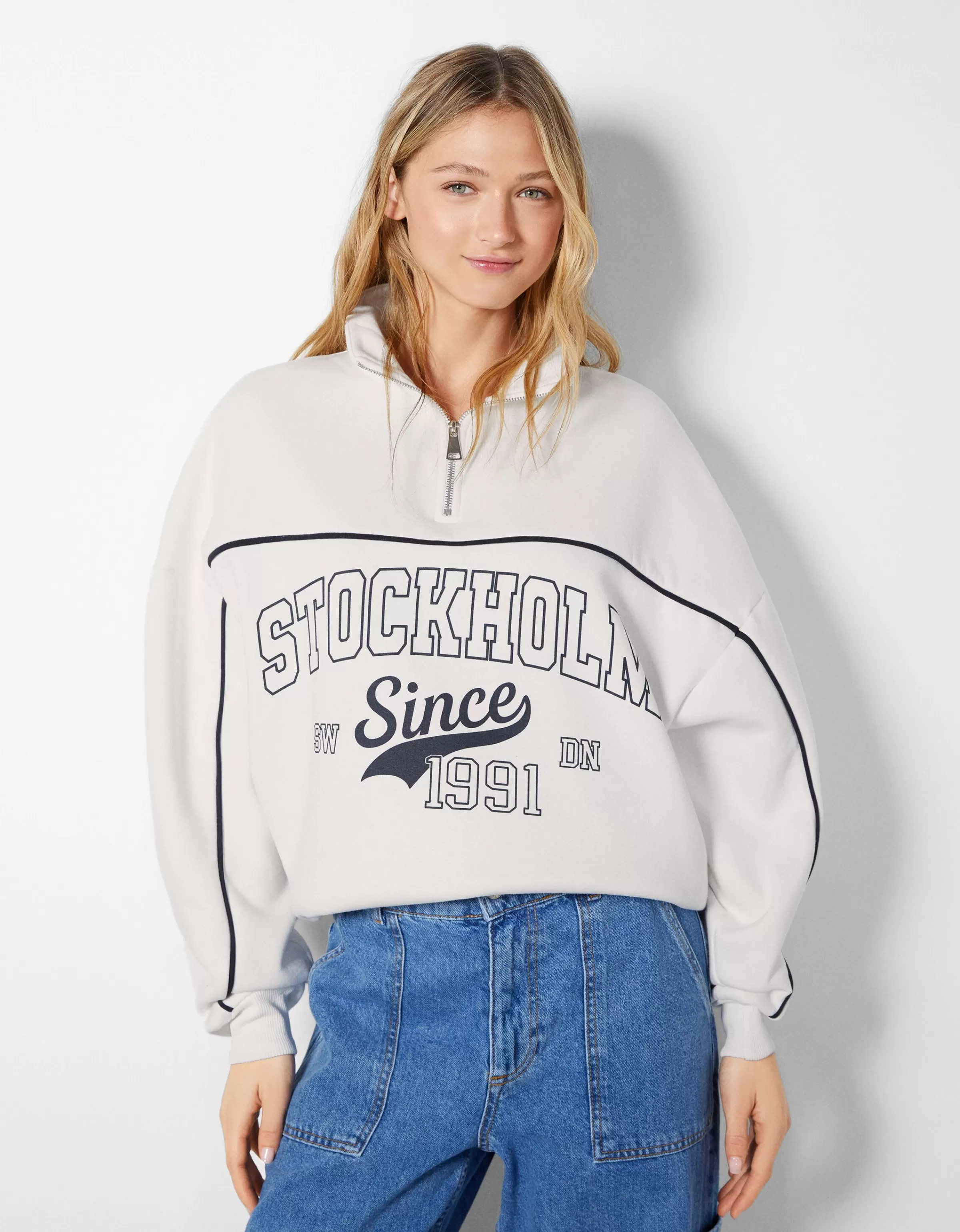 BERSHKA BSK Teen*Sweat col montant zippé imprimé Bleu foncé