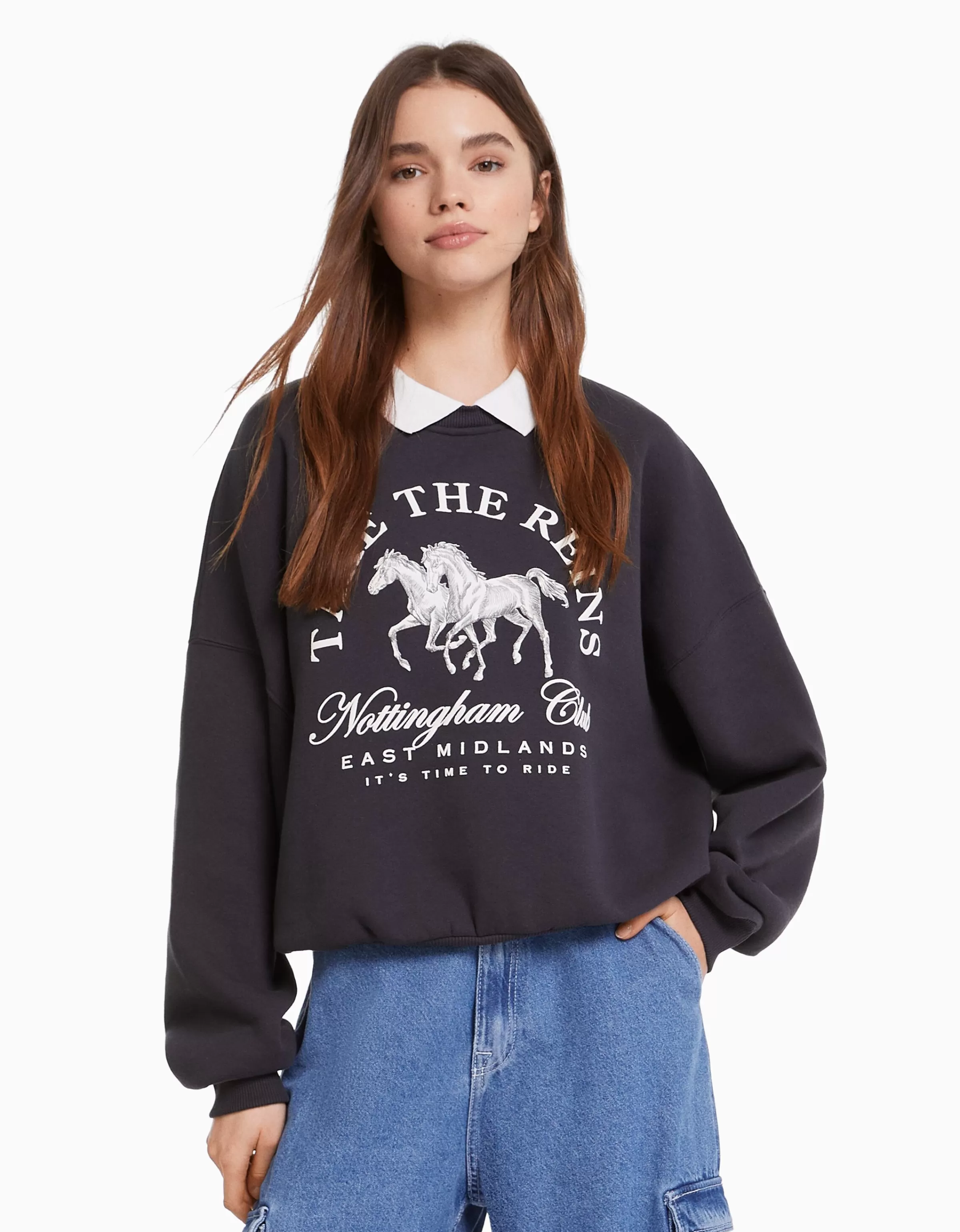 BERSHKA BSK Teen*Sweat col polo imprimé Gris