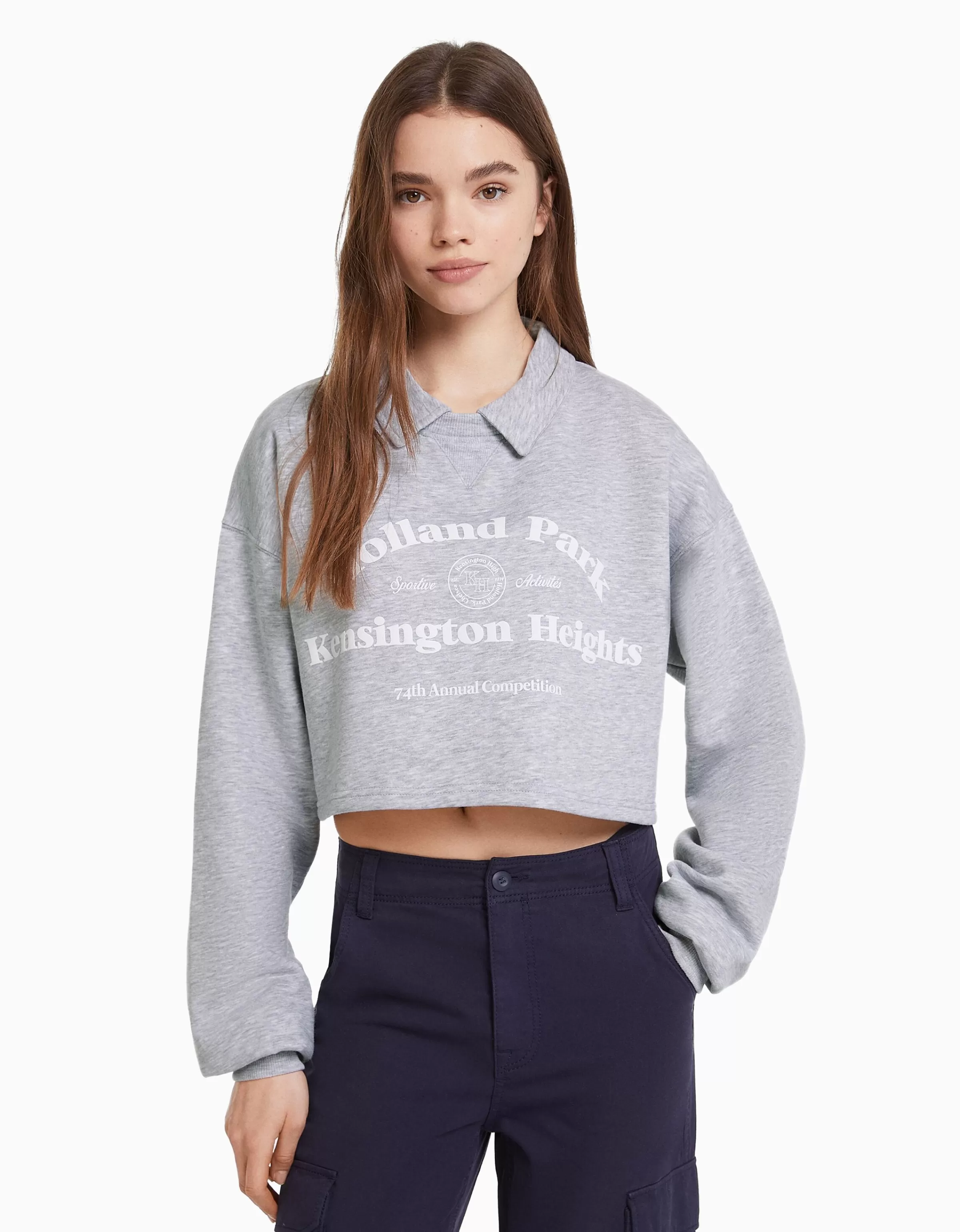 BERSHKA BSK Teen*Sweat col polo imprimé Marine