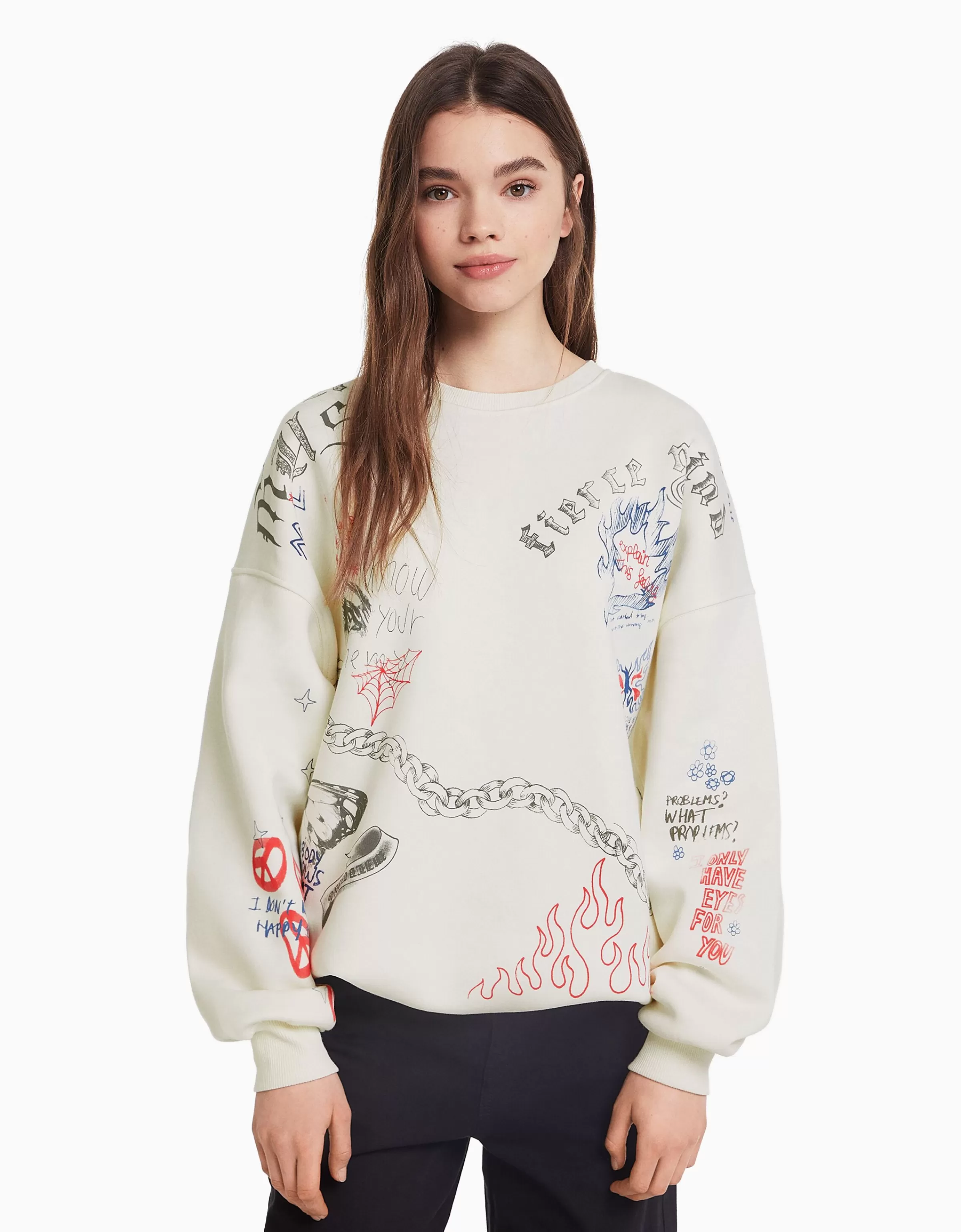 BERSHKA Pulls*Sweat col rond imprimé Écru