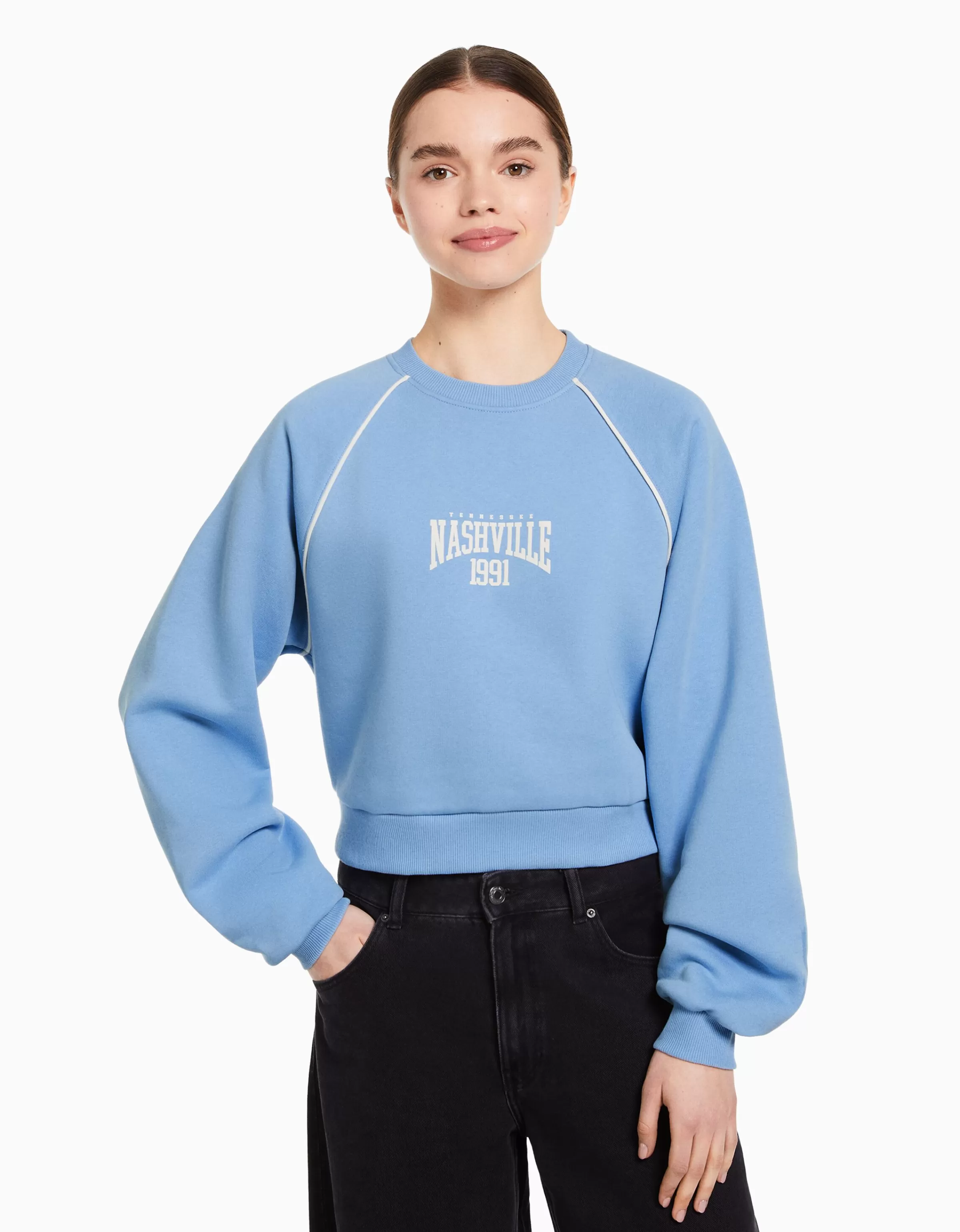 BERSHKA Sweats*Sweat col rond imprimé contraste Bleu