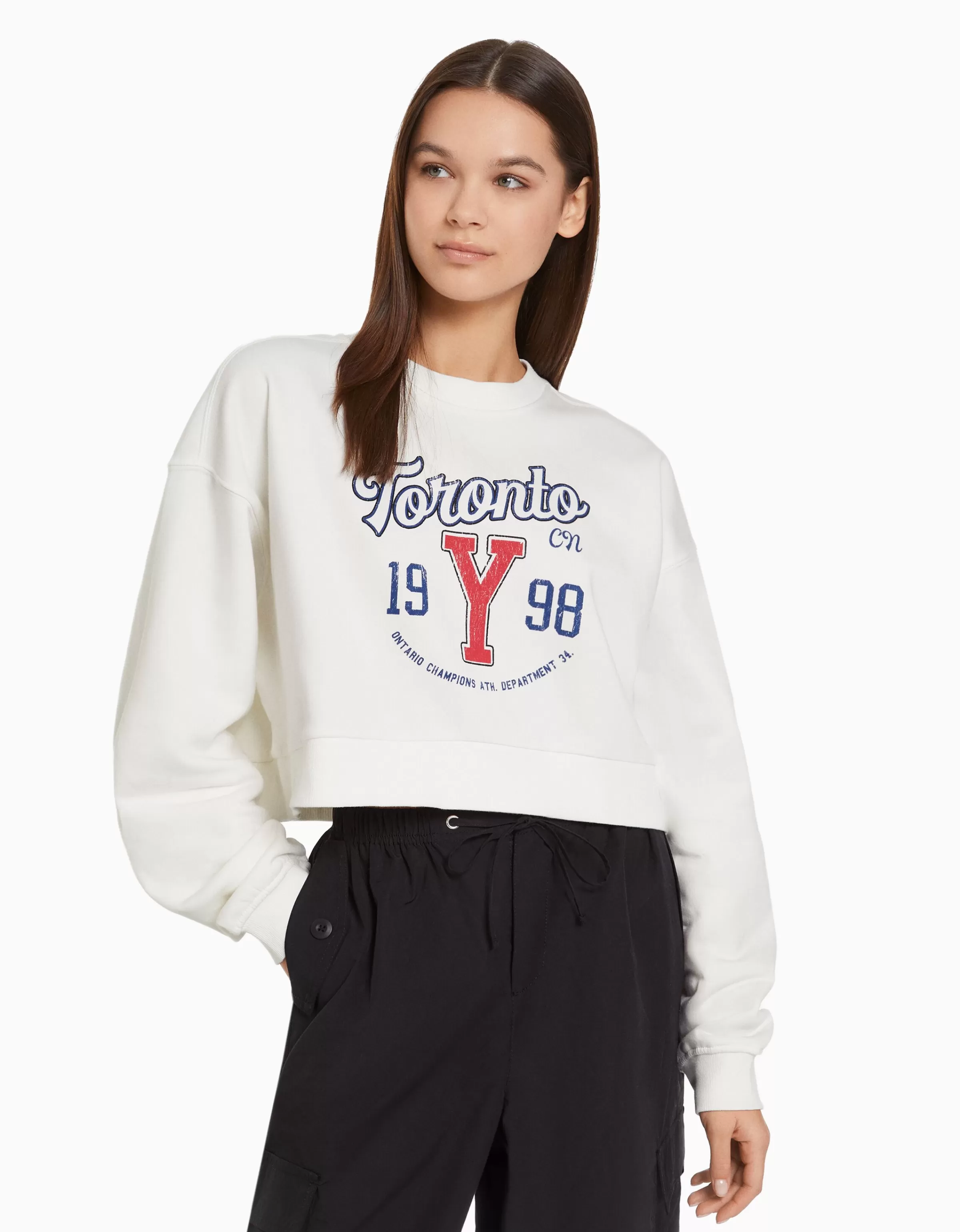 BERSHKA Sweats*Sweat cropped à imprimé Blanc cassé