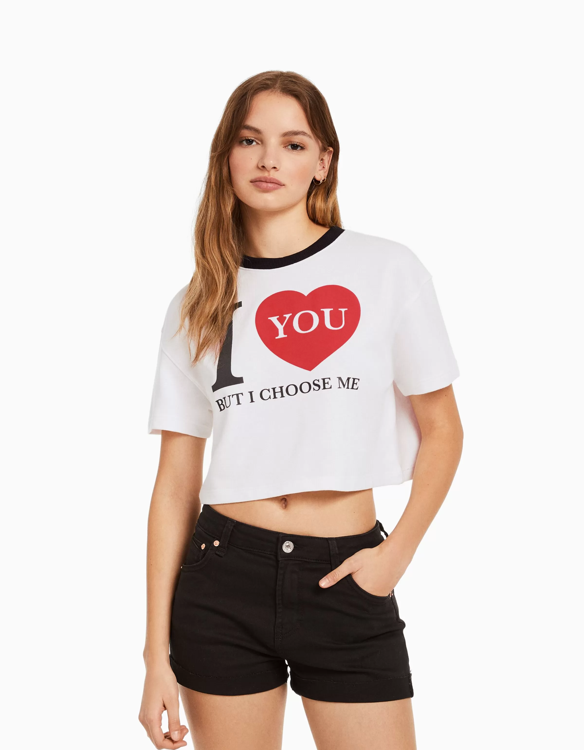 BERSHKA Tee-shirts*Sweat cropped imprimé manches courtes Gris