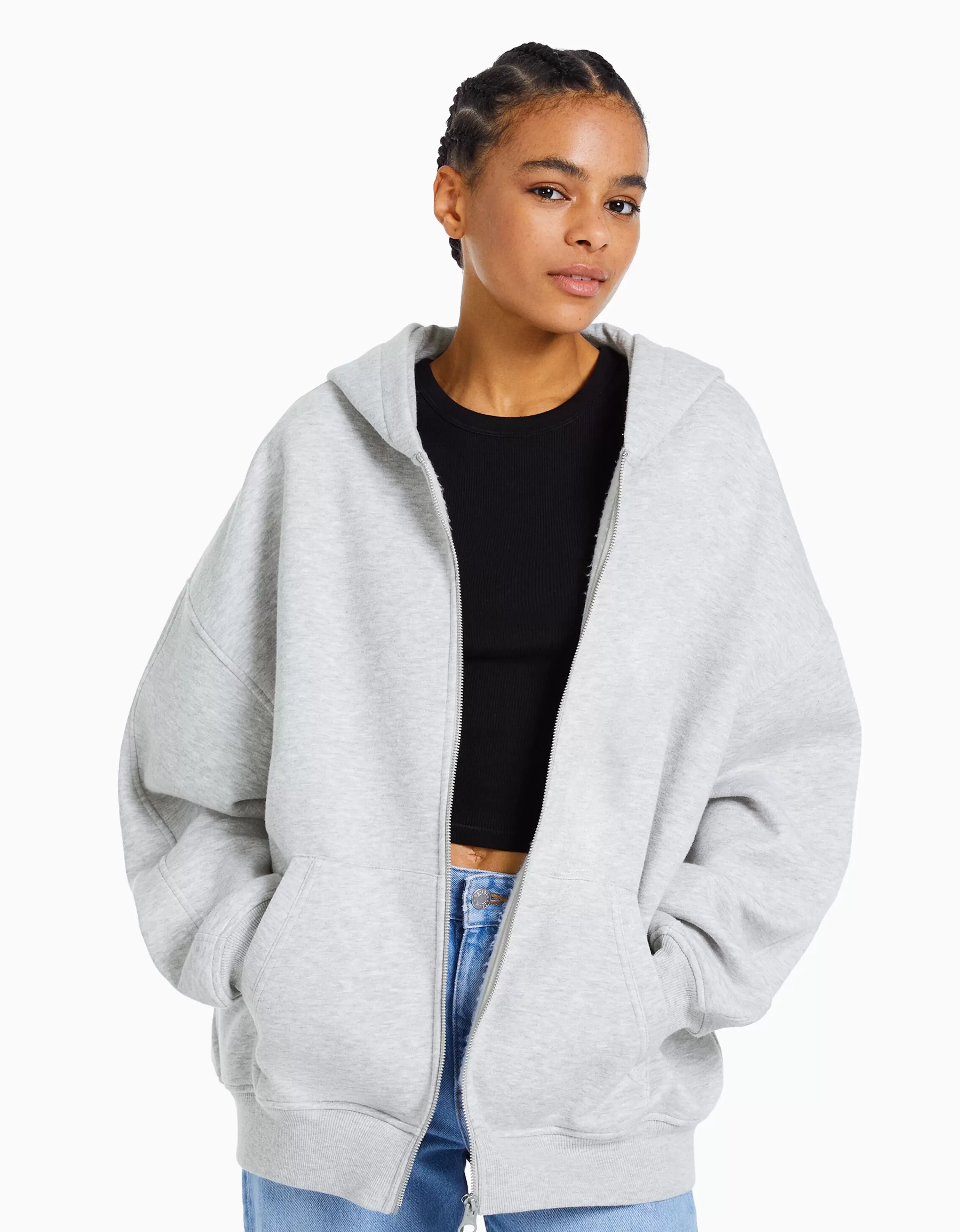 BERSHKA Pulls*Sweat zippé capuche oversize Gris