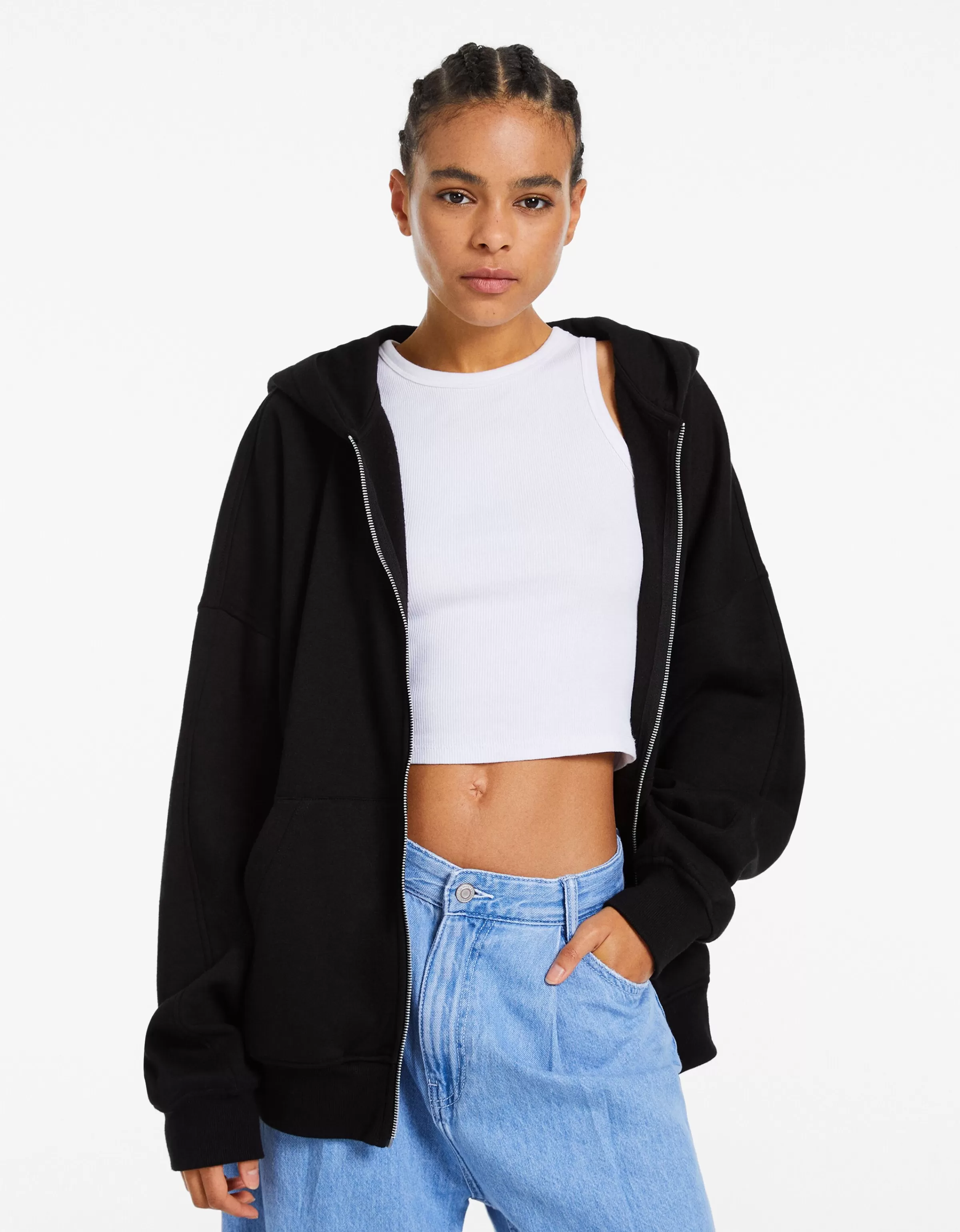 BERSHKA Pulls*Sweat zippé capuche oversize Noir