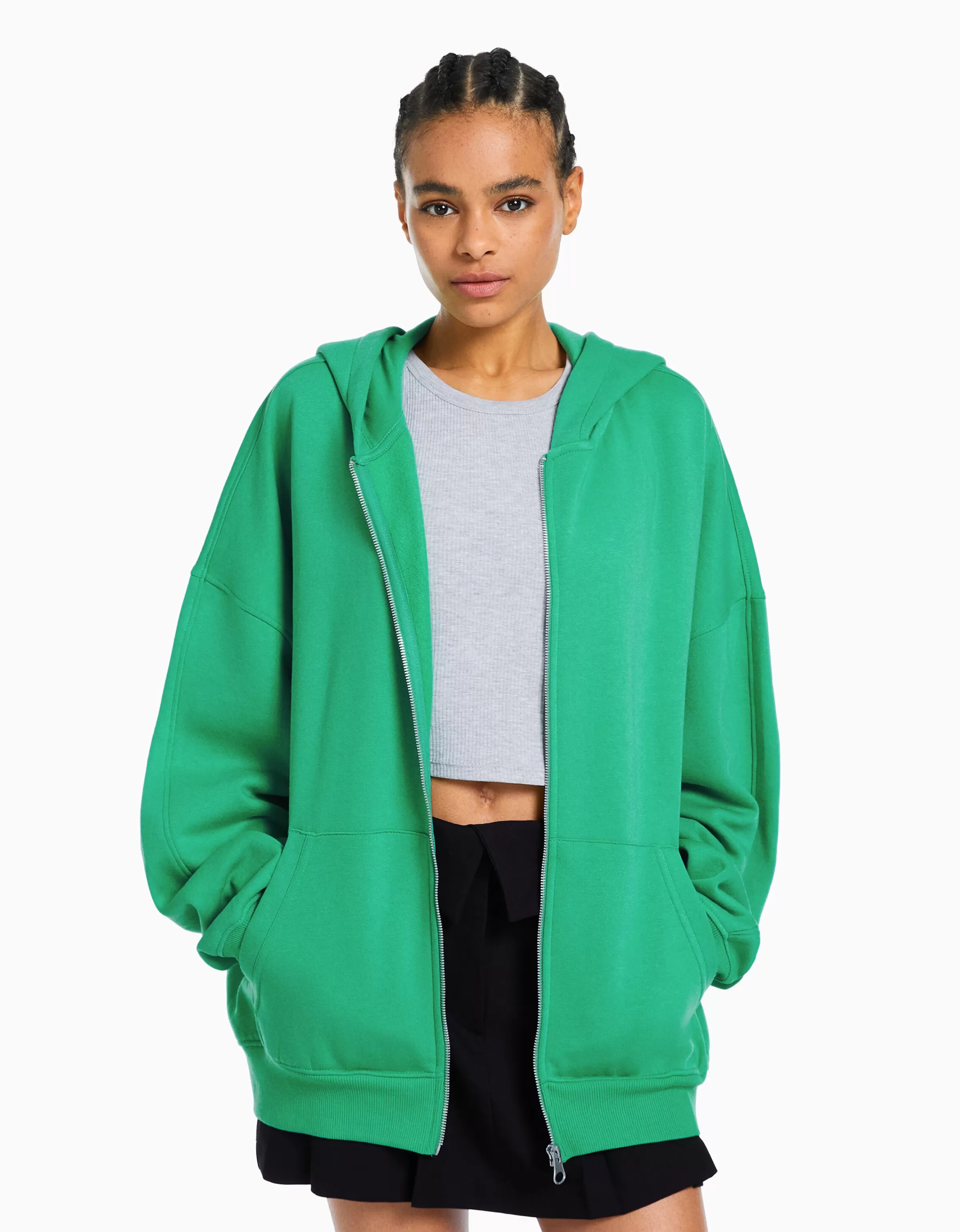 BERSHKA Sweats*Sweat zippé capuche oversize Vert