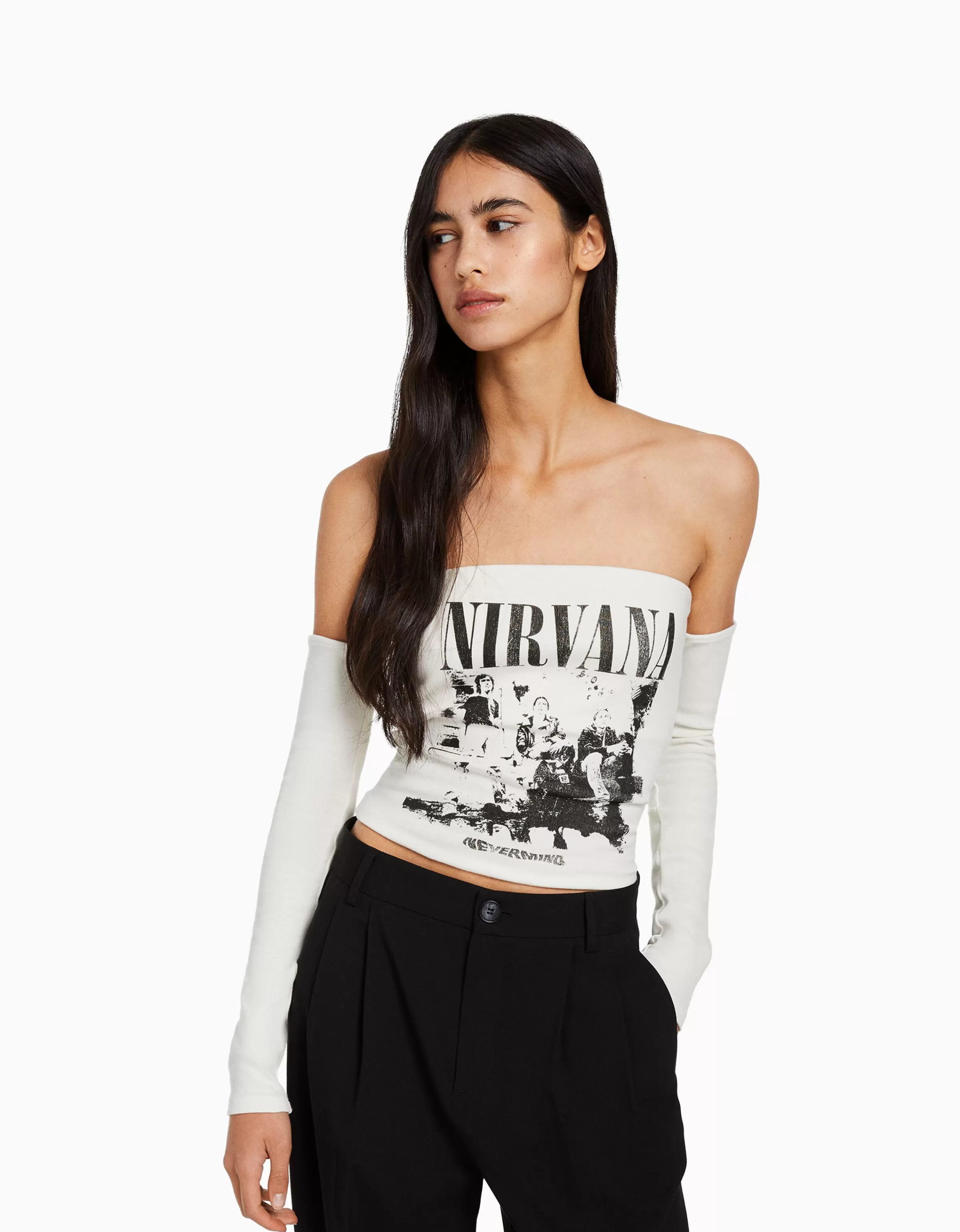 BERSHKA Vêtements*Top bandeau manches longues imprimé Nirvana Blanc