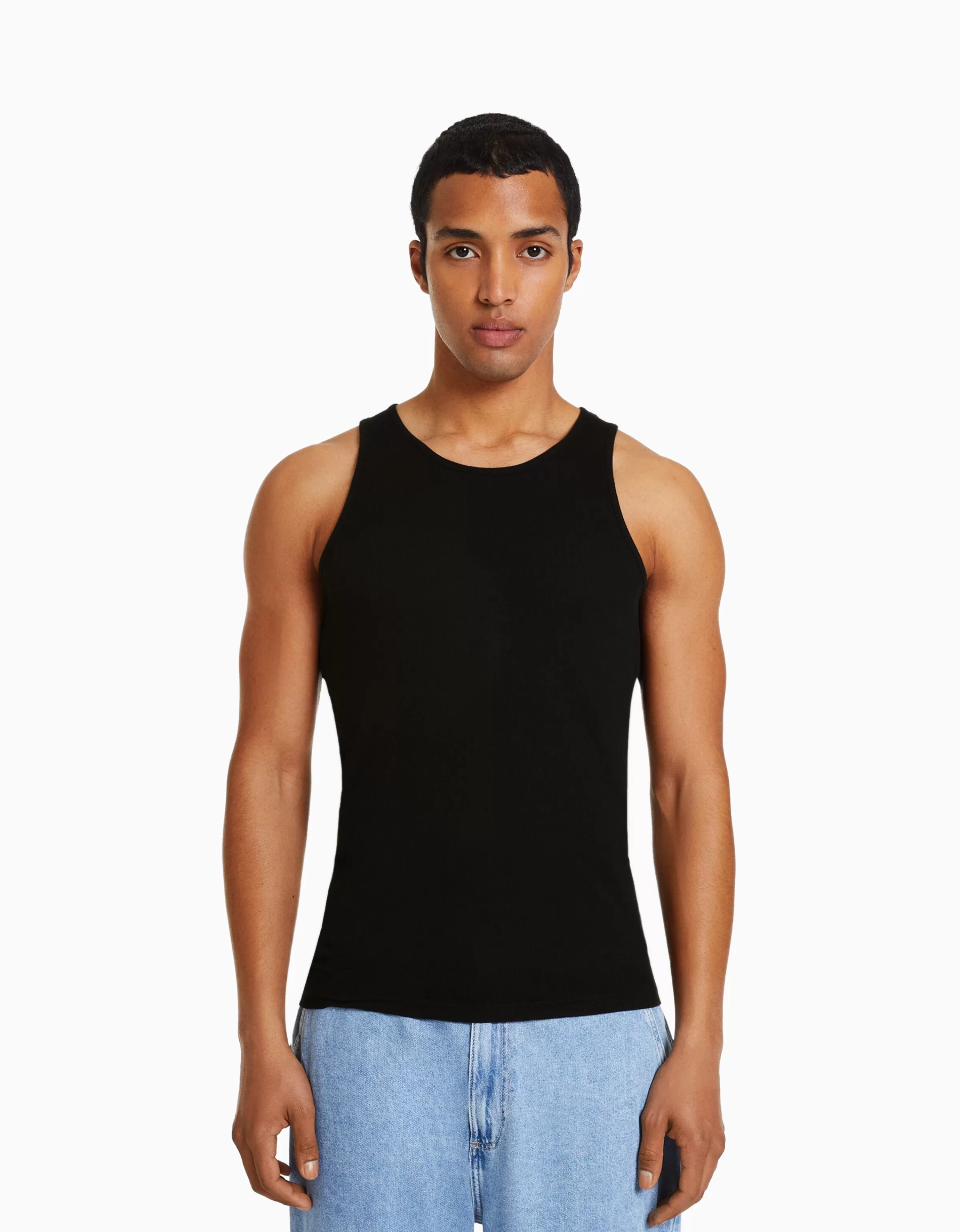 BERSHKA Vêtements*Top bretelles bord-côte Noir