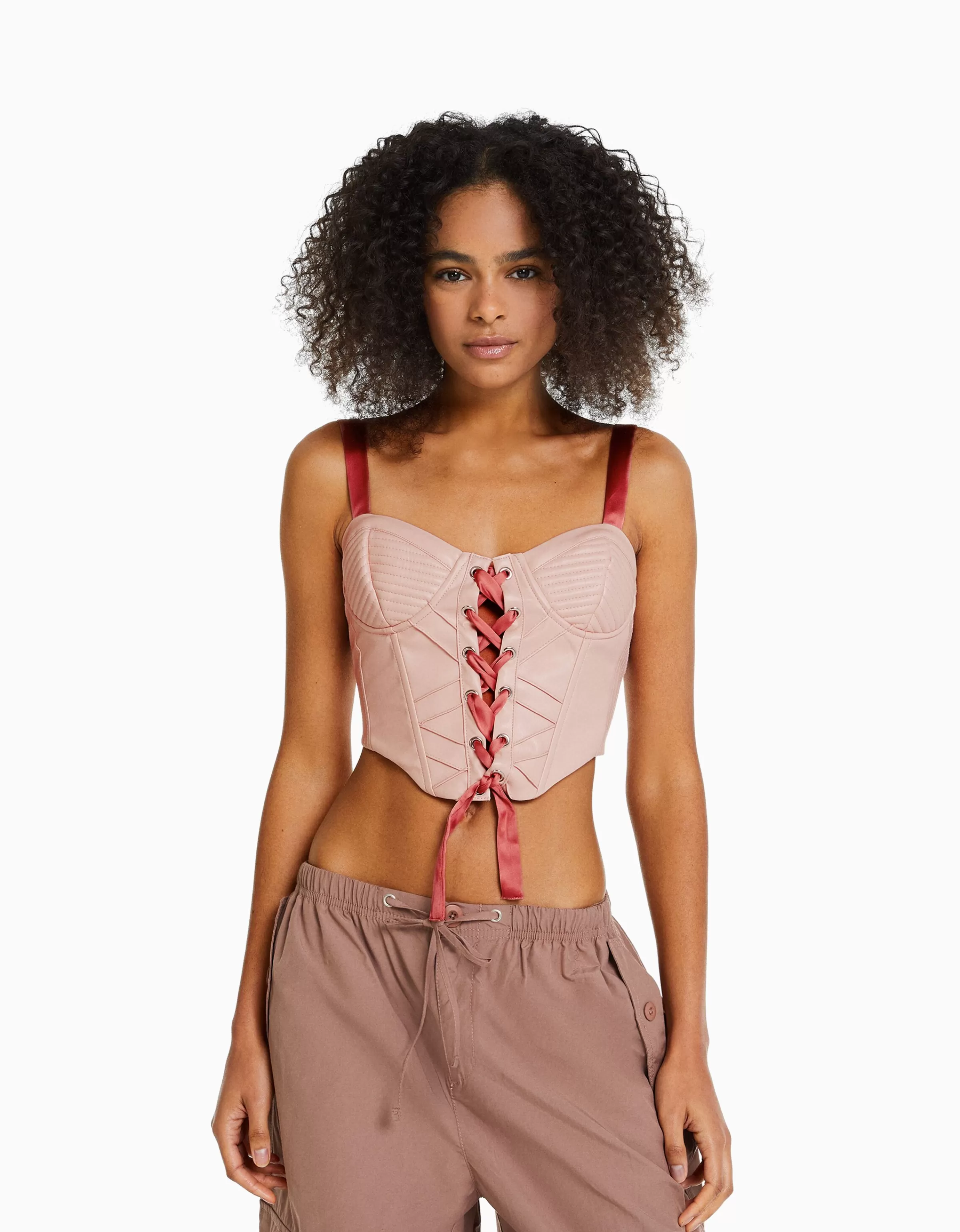 BERSHKA Vêtements*Top corset similicuir bretelles et laçage satinés Rose