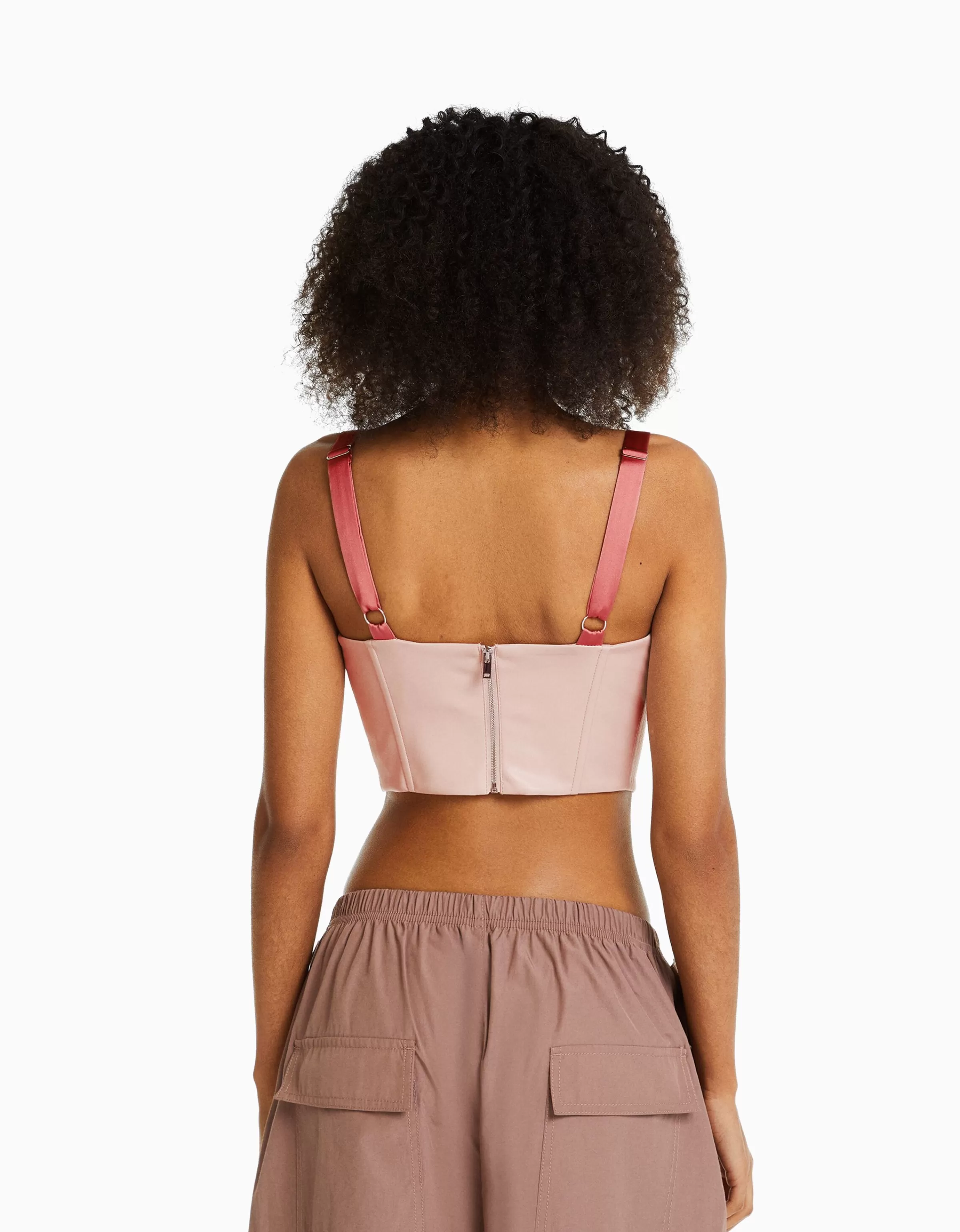 BERSHKA Vêtements*Top corset similicuir bretelles et laçage satinés Rose