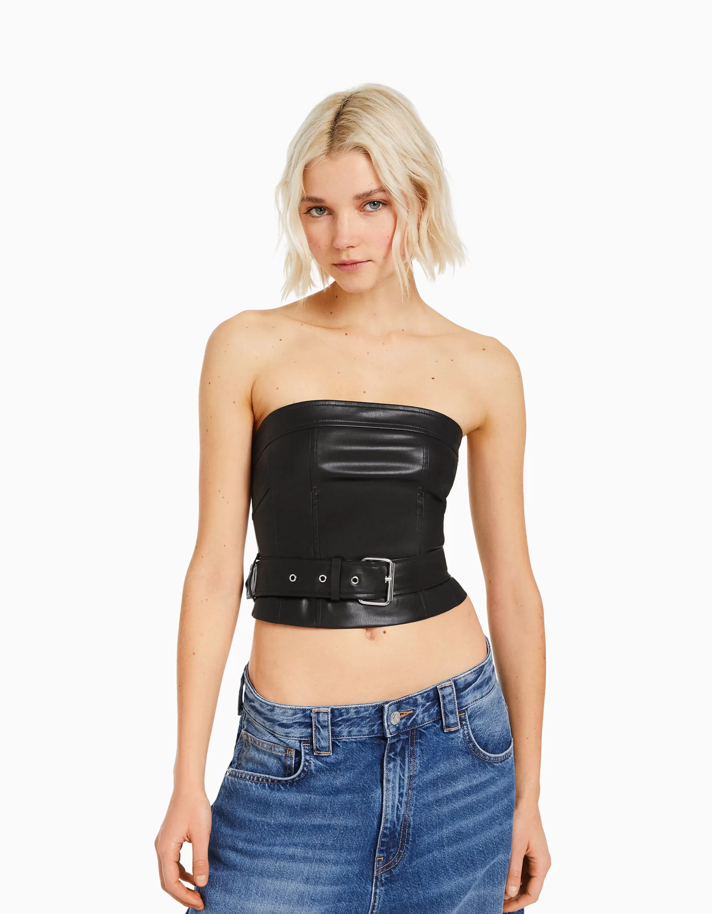 BERSHKA Vêtements*Top corset similicuir ceinture Noir