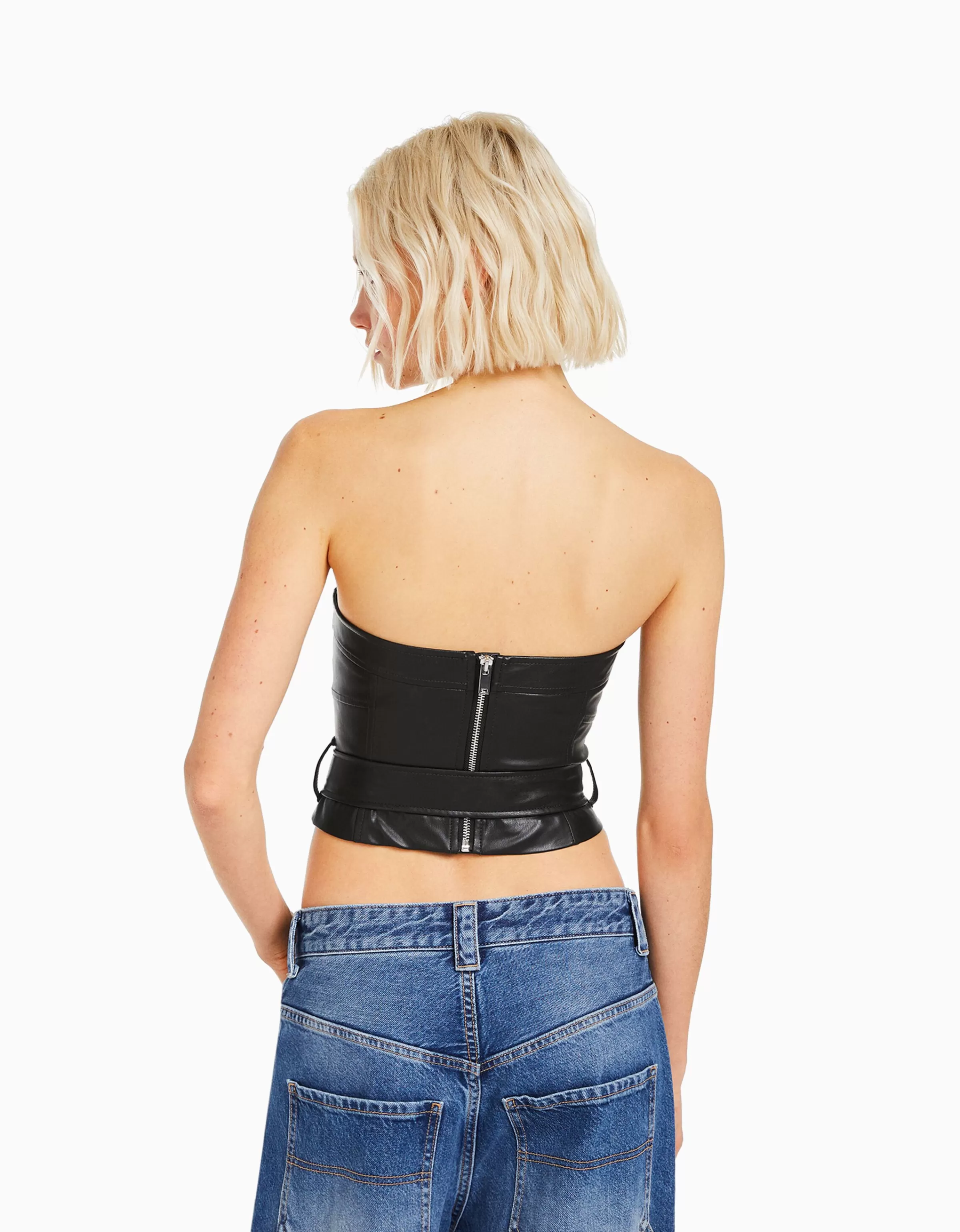 BERSHKA Vêtements*Top corset similicuir ceinture Noir