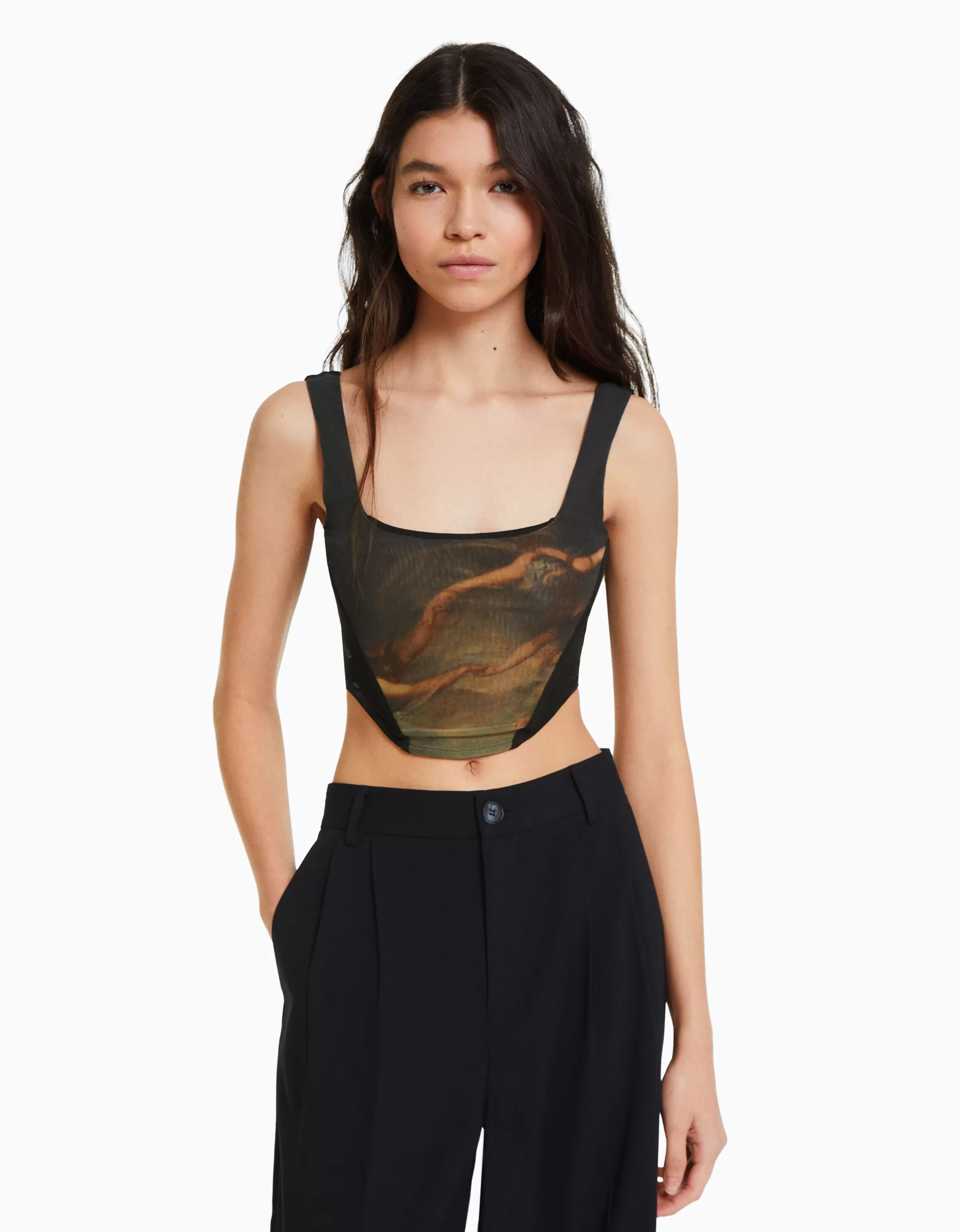 BERSHKA Tops et corsets*Top corset tulle imprimé Art Series Noir