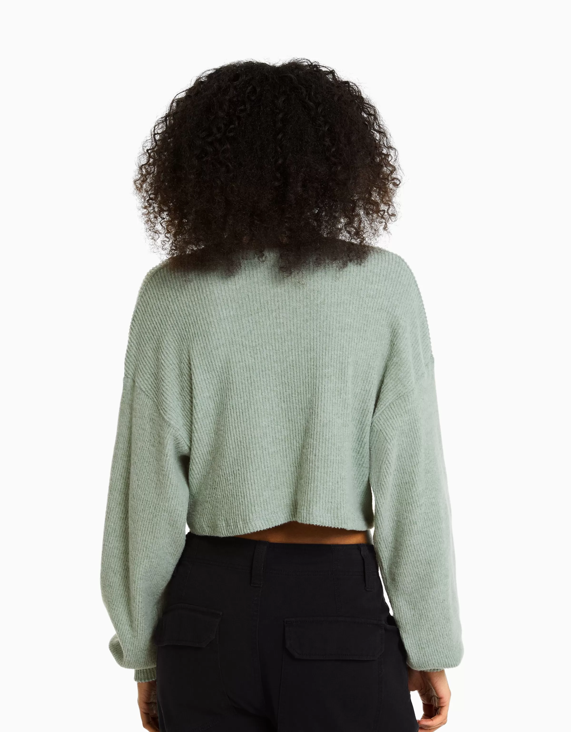 BERSHKA Maille*Top cropped manches longues col montant Vert