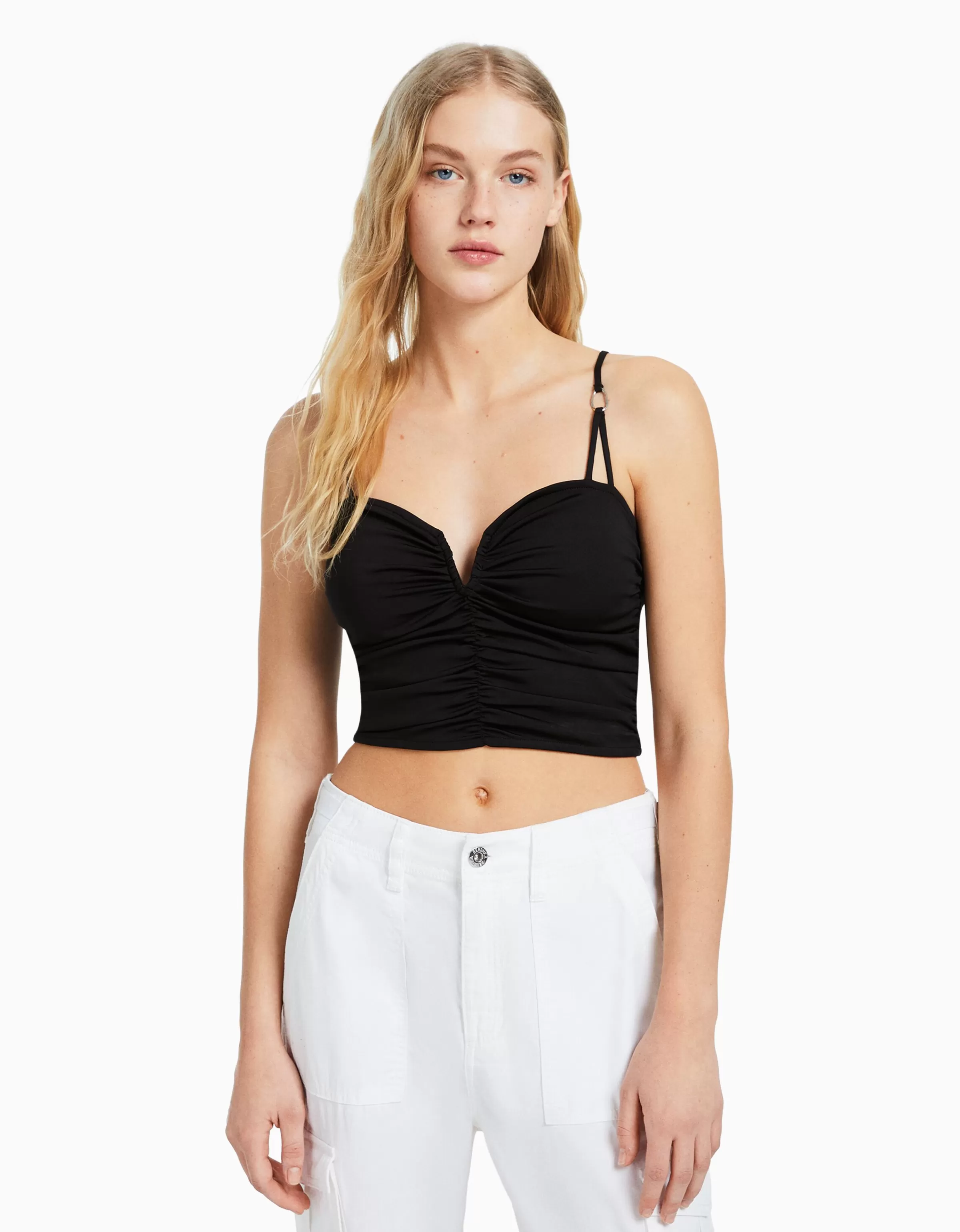 BERSHKA Tops et corsets*Top froncé détail décolleté Noir