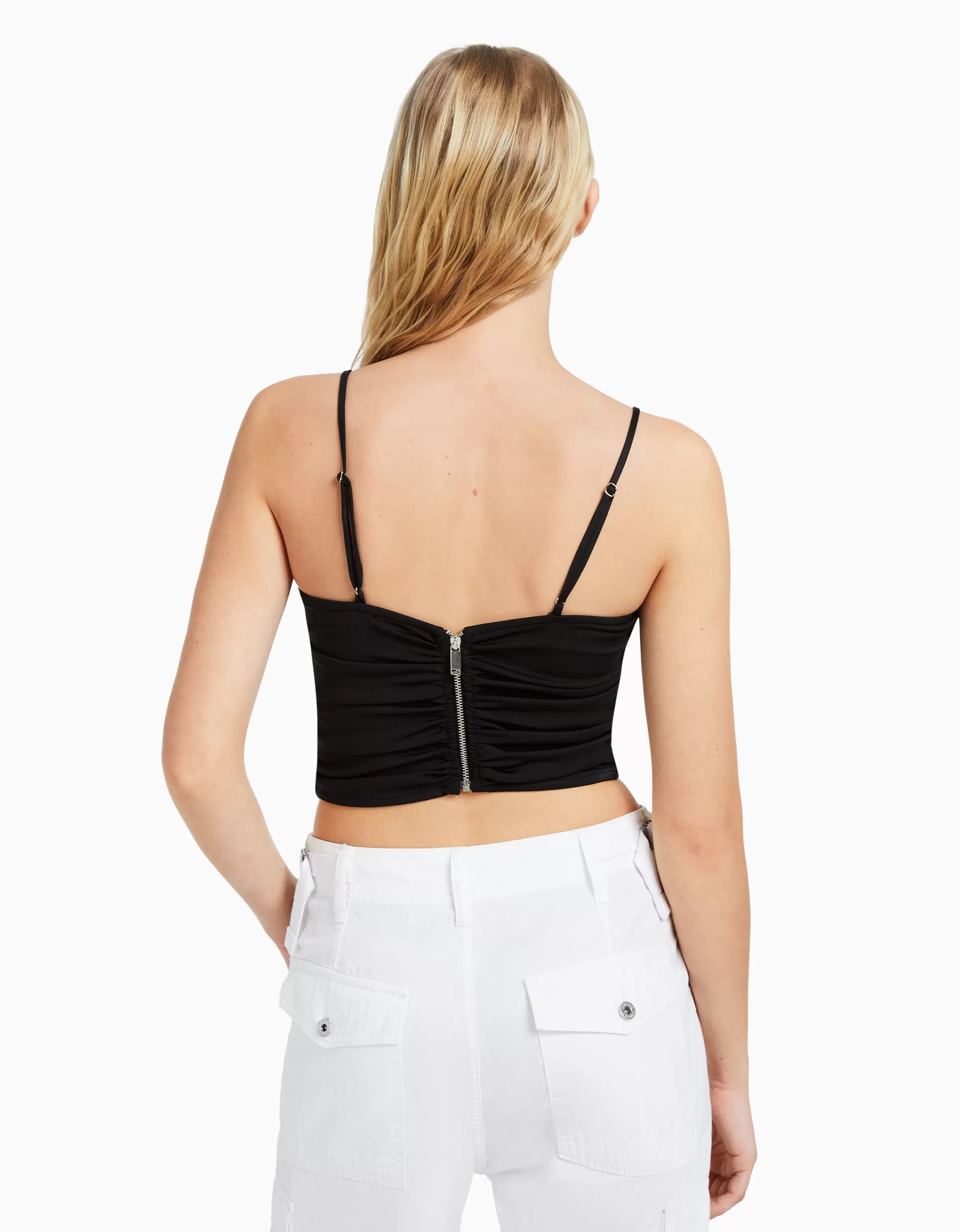 BERSHKA Tops et corsets*Top froncé détail décolleté Noir