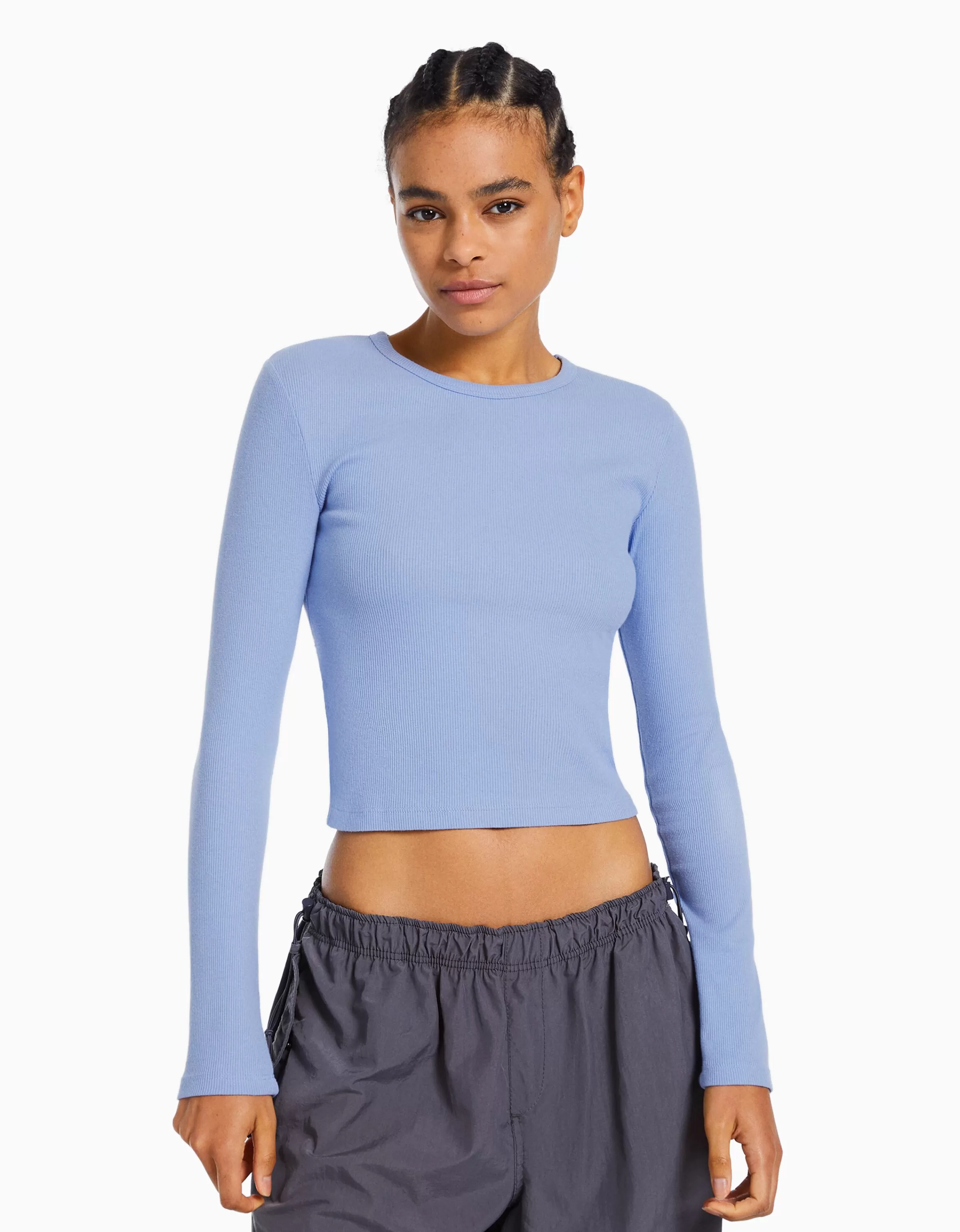 BERSHKA BSK Teen*Top manches longues bord-côte Bleu clair