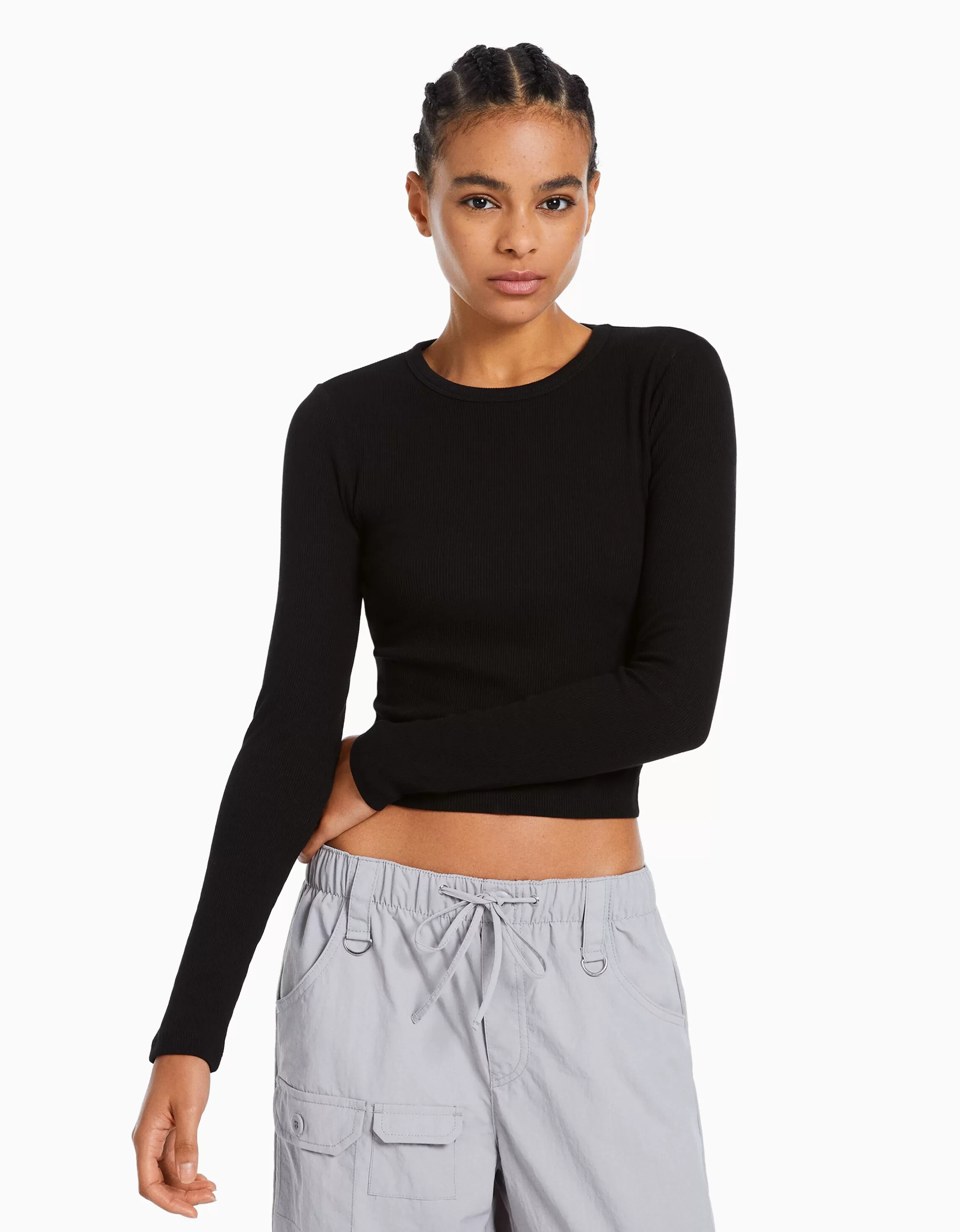 BERSHKA Personnalisables*Top manches longues bord-côte Noir