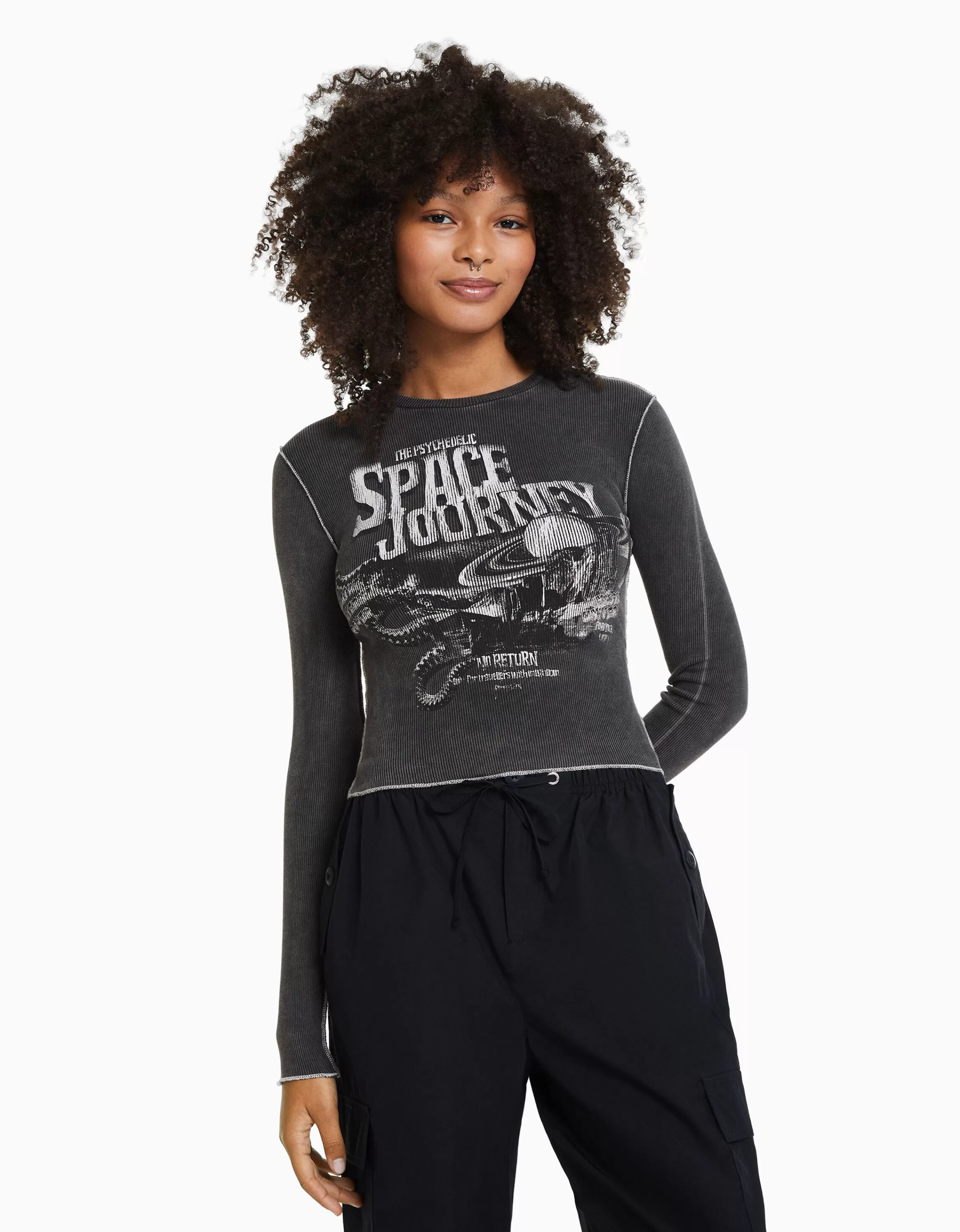 BERSHKA Tee-shirts*Top manches longues bord-côte Noir