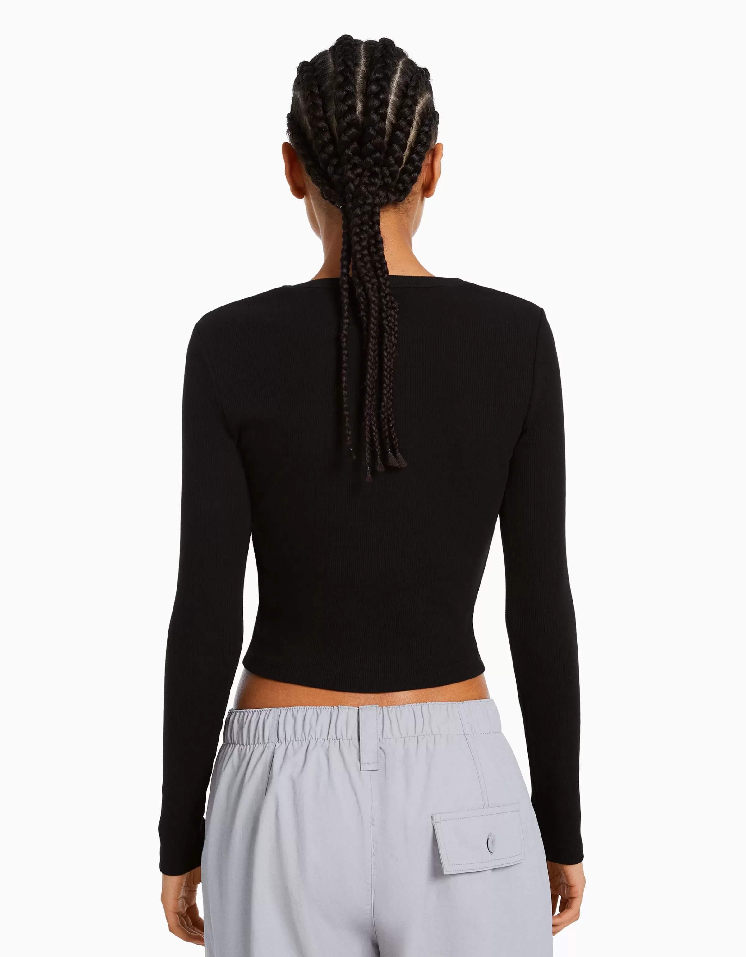 BERSHKA Personnalisables*Top manches longues bord-côte Noir