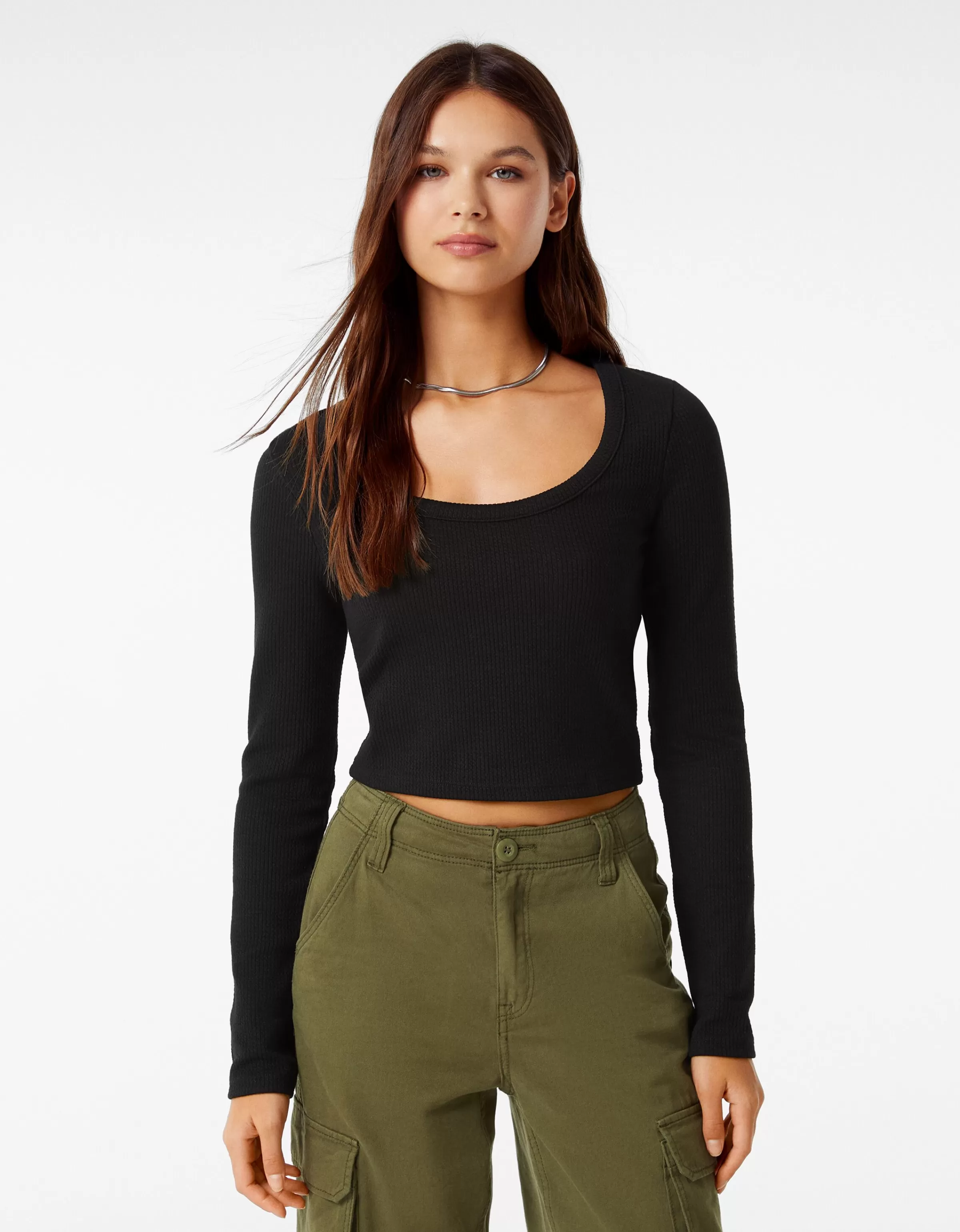 BERSHKA Tee-shirts*Top manches longues bord-côte texturé Noir