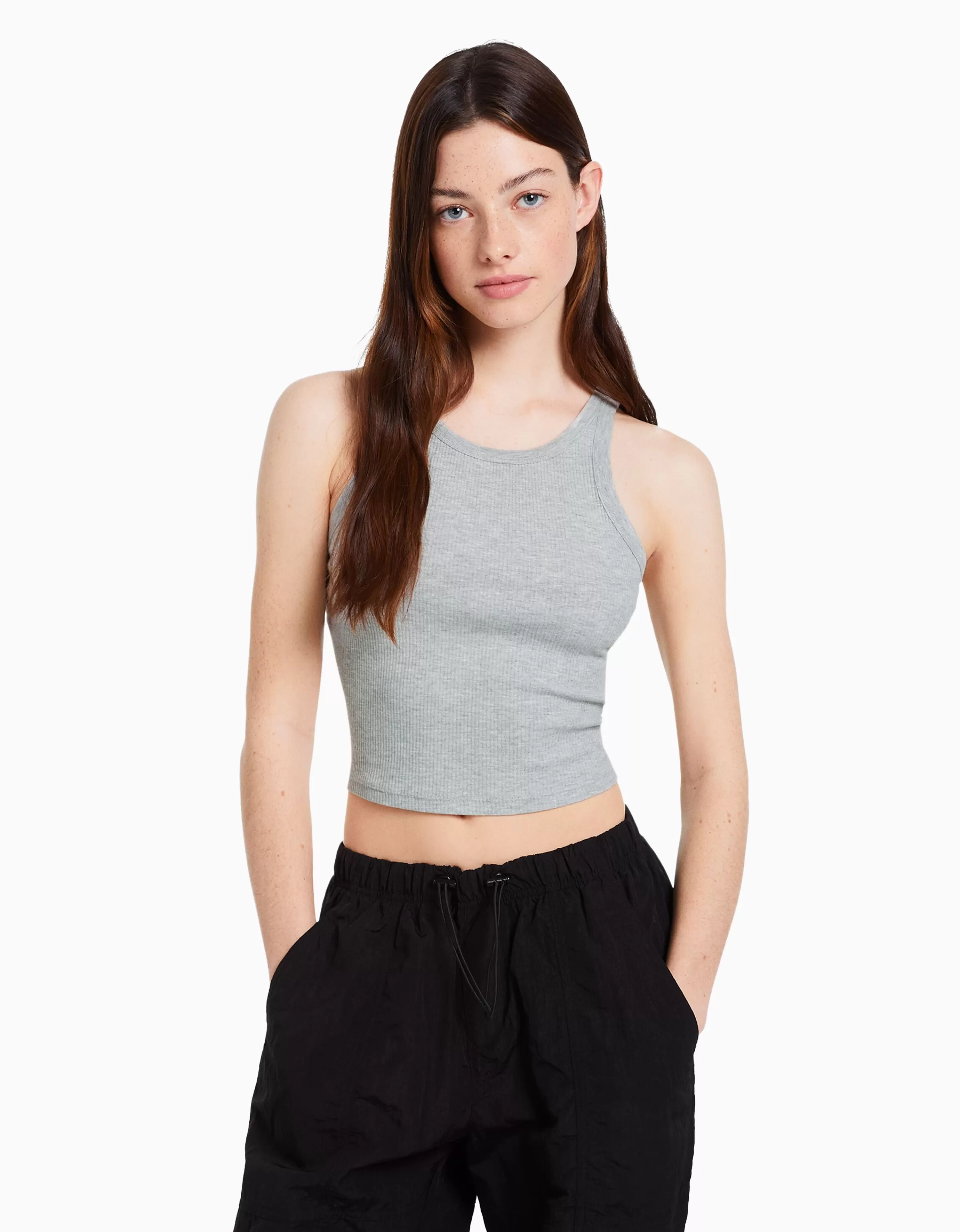 BERSHKA Personnalisables*Top sans manches bord-côte Gris