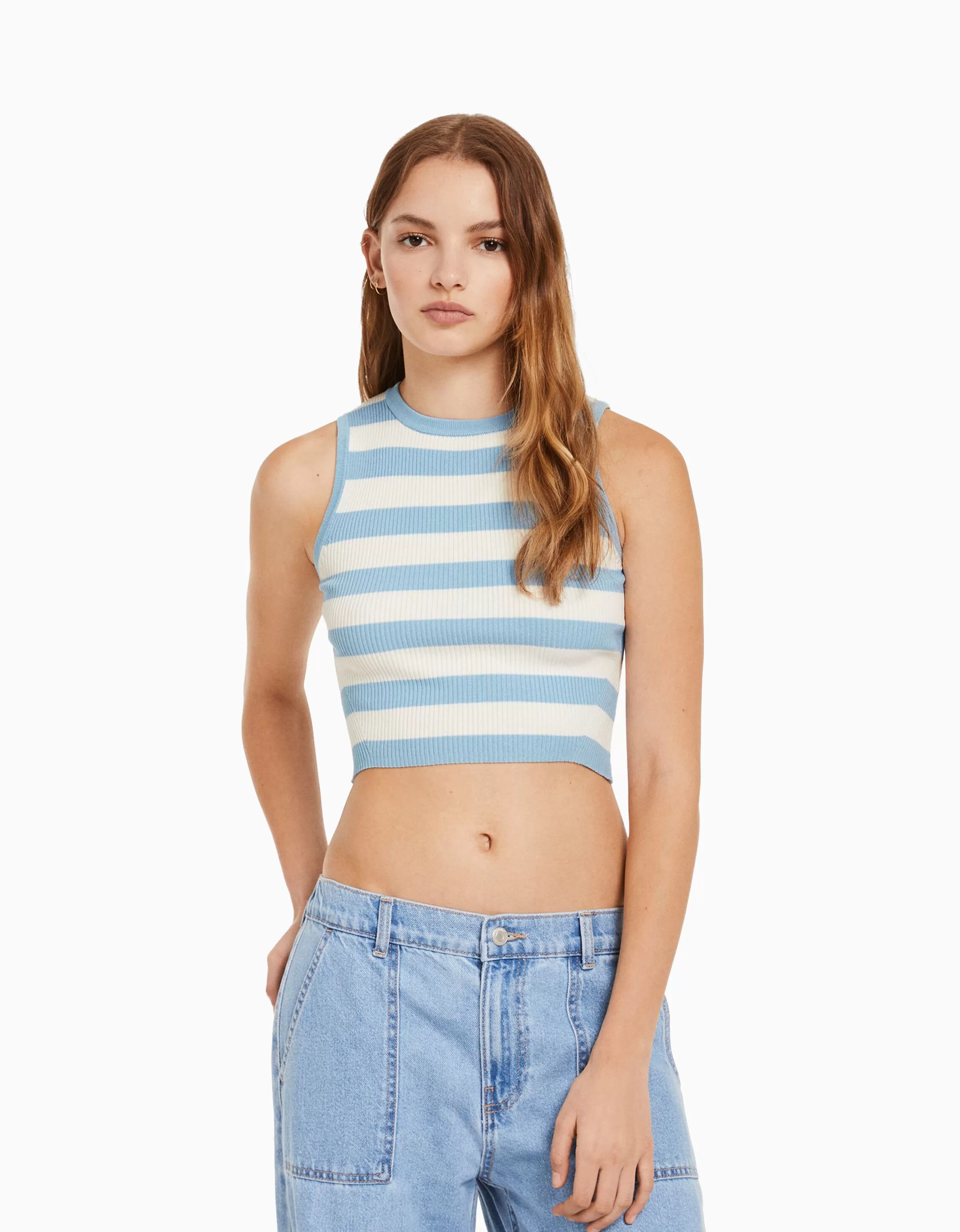 BERSHKA Tops et corsets*Top sans manches maille rayures Bleu clair