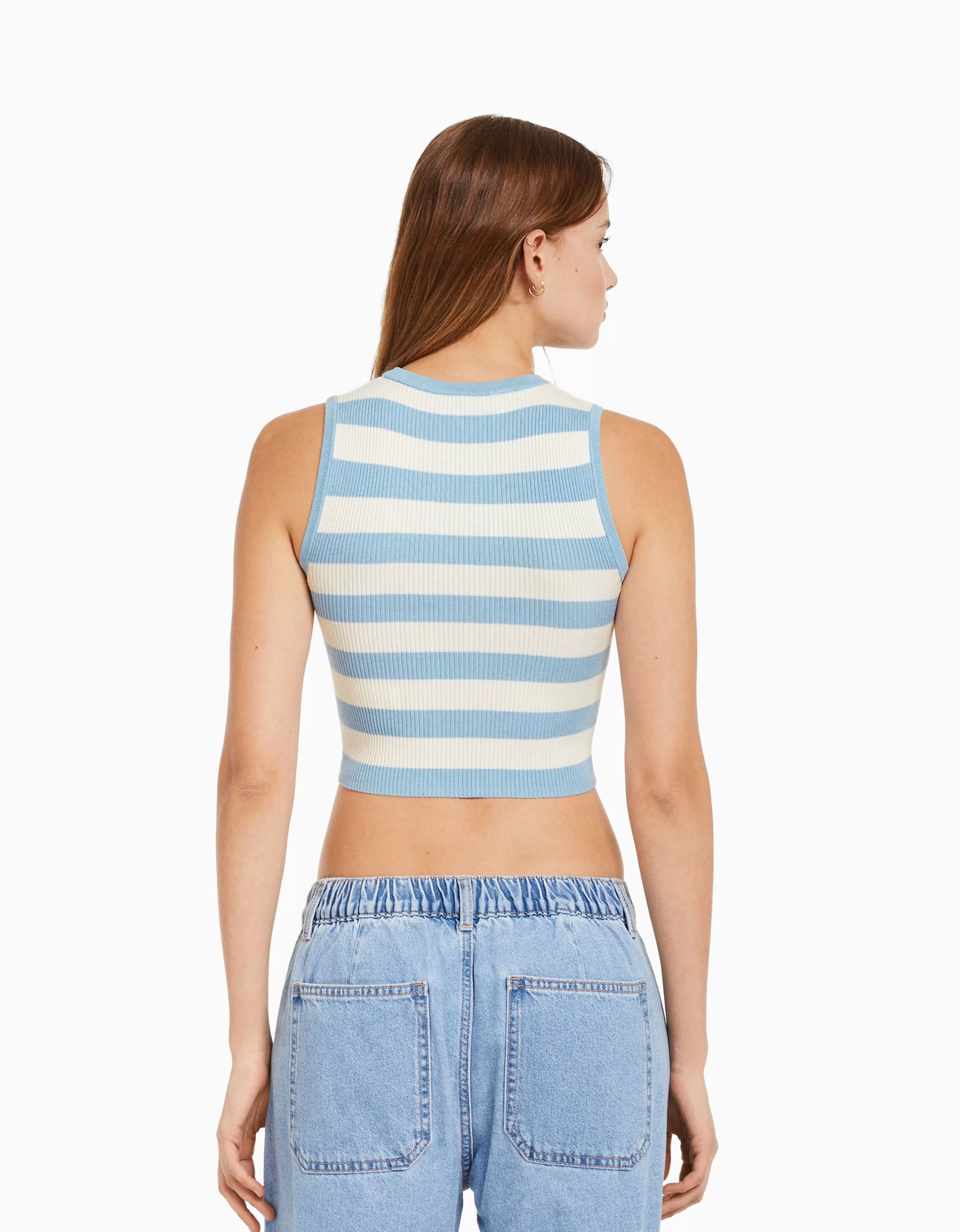 BERSHKA Tops et corsets*Top sans manches maille rayures Bleu clair