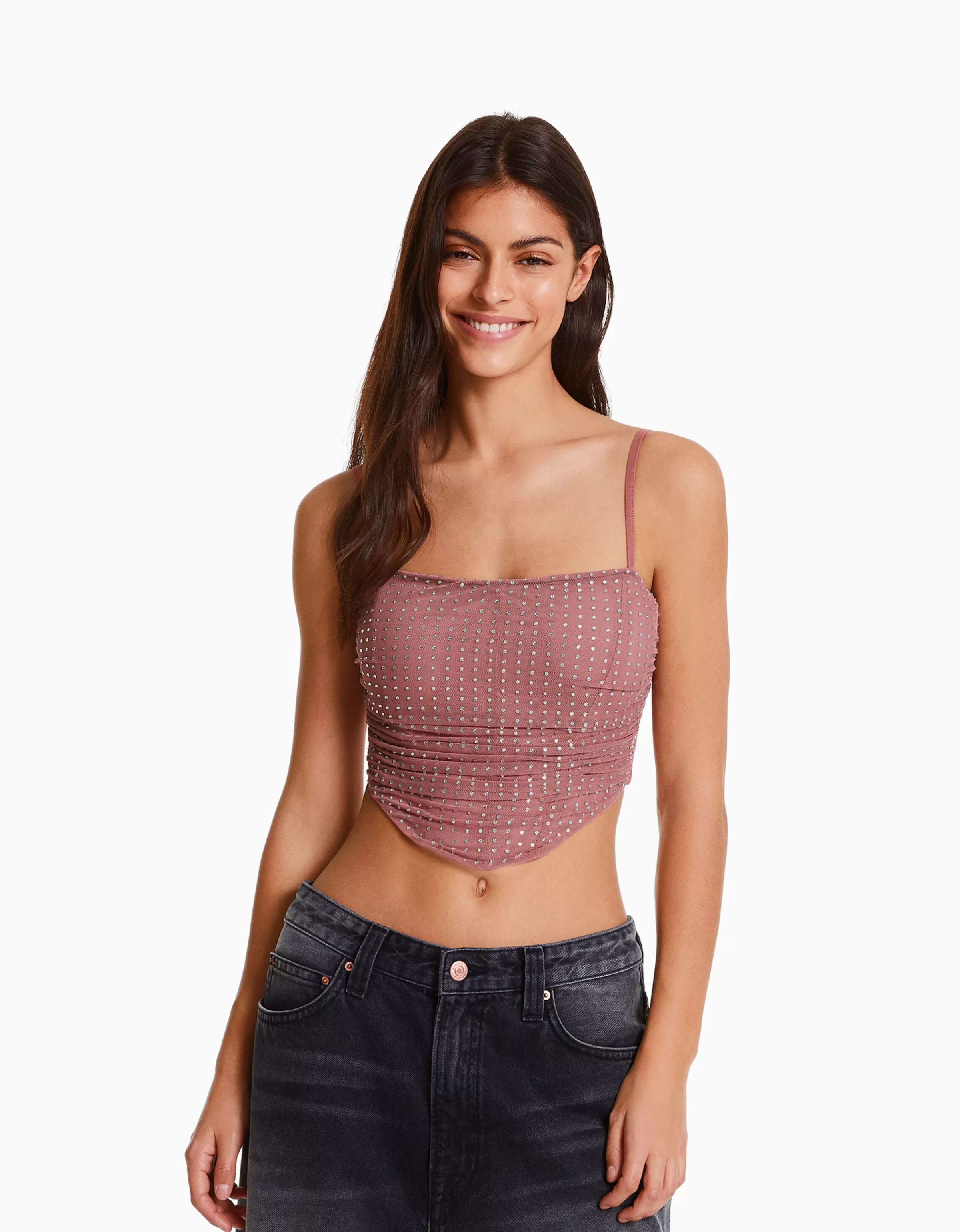 BERSHKA Vêtements*Top strass résille bretelles fines Rose