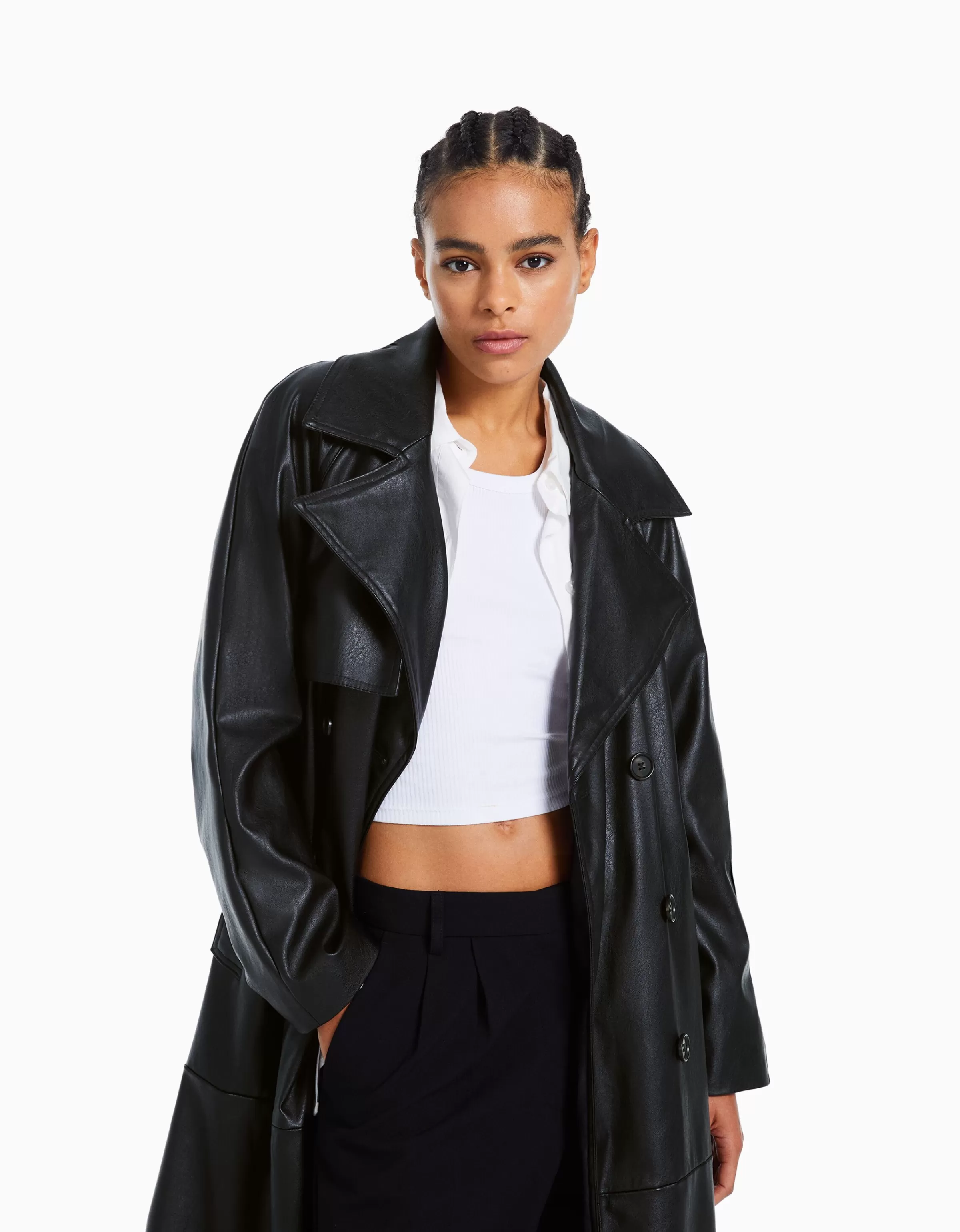 BERSHKA Similicuir*Trench similicuir Noir